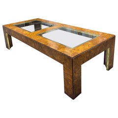 1970s Italian Modern Milo Baughman Style Burl and Brass Inlaid Coffee Table