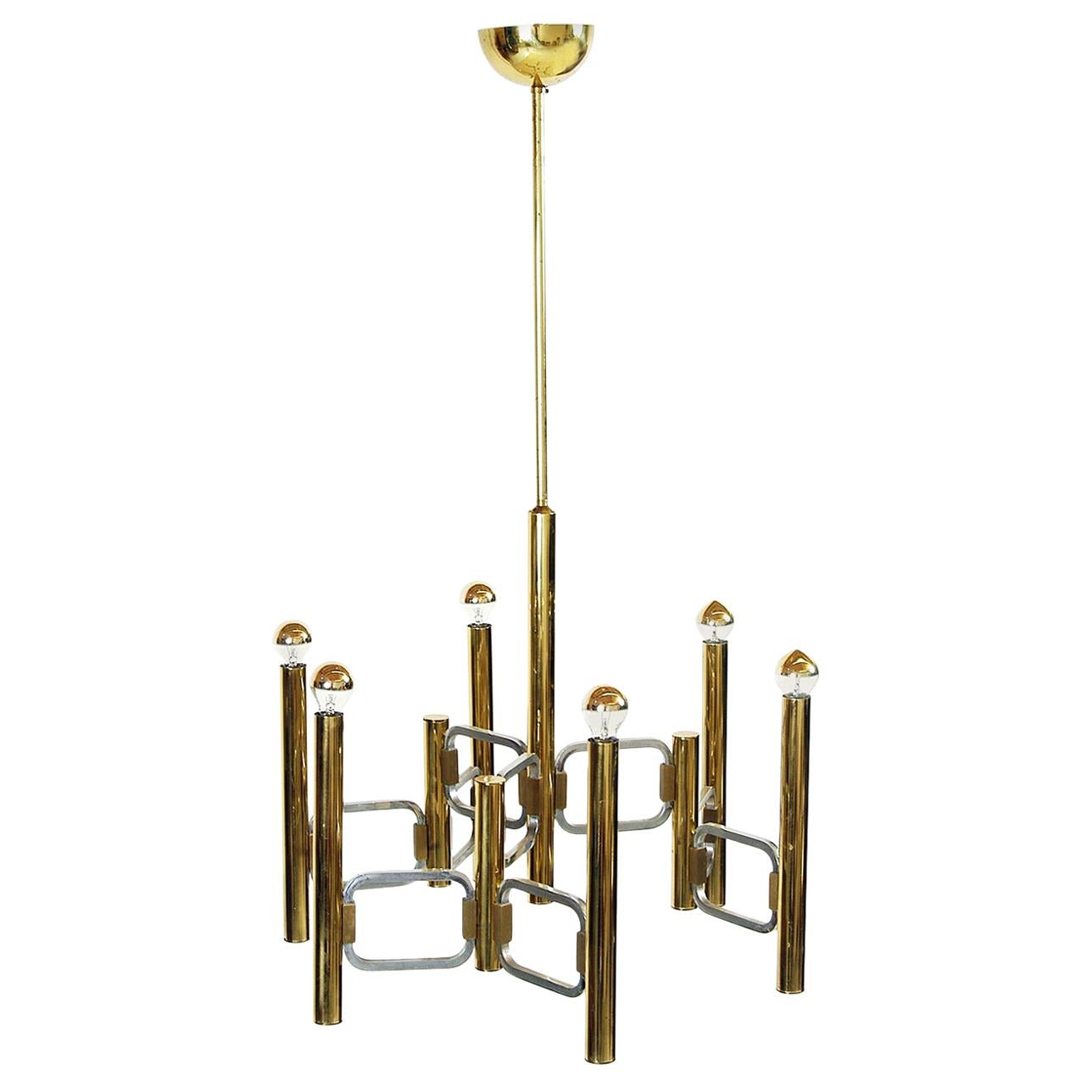 1960s Italian Modernist Brass Chrome Ceiling Lamp Profili Industria Lampadari 