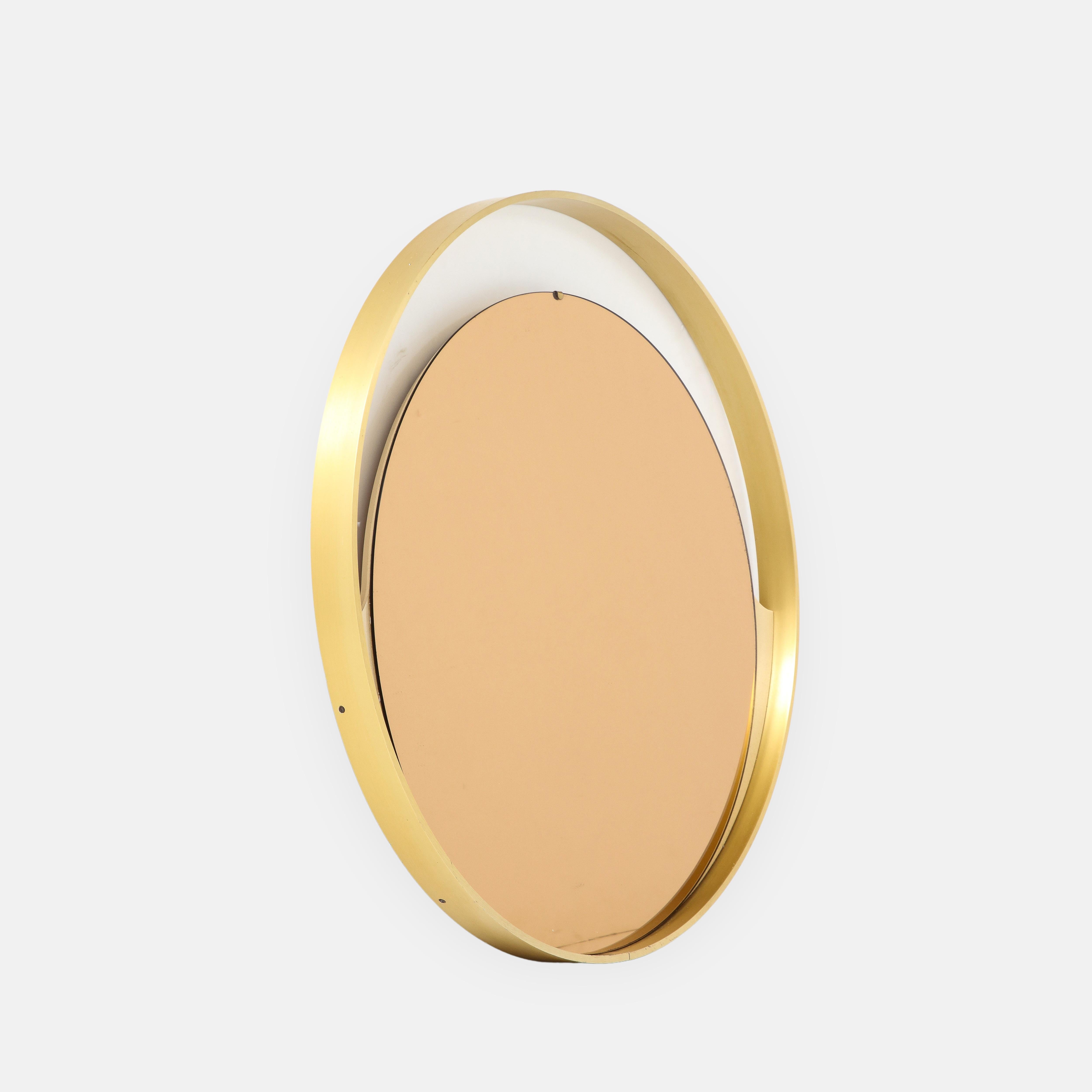 Lacquered 1970s Italian Modernist Brass and Rose Gold Round Mirror For Sale