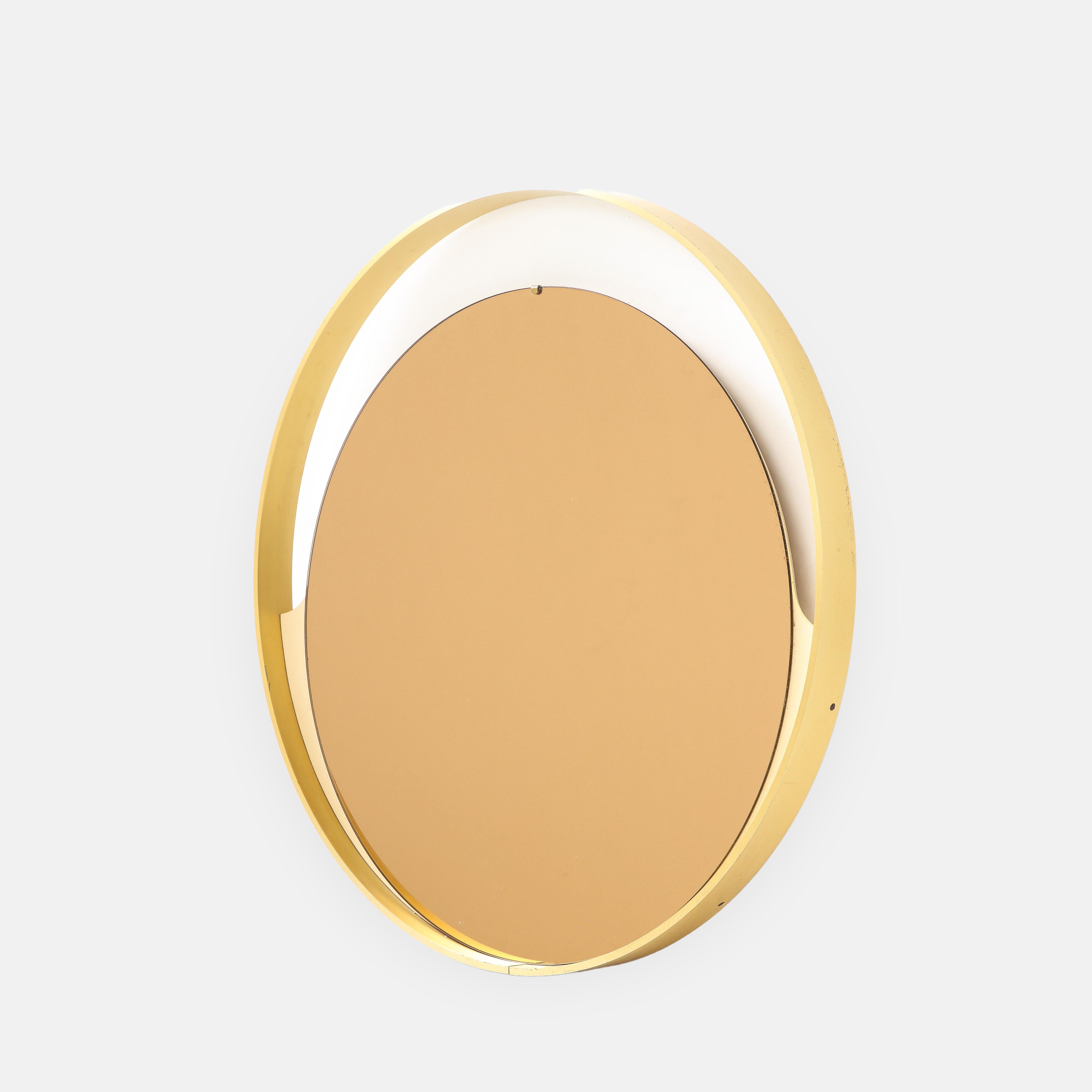 Late 20th Century 1970s Italian Modernist Brass and Rose Gold Round Mirror For Sale