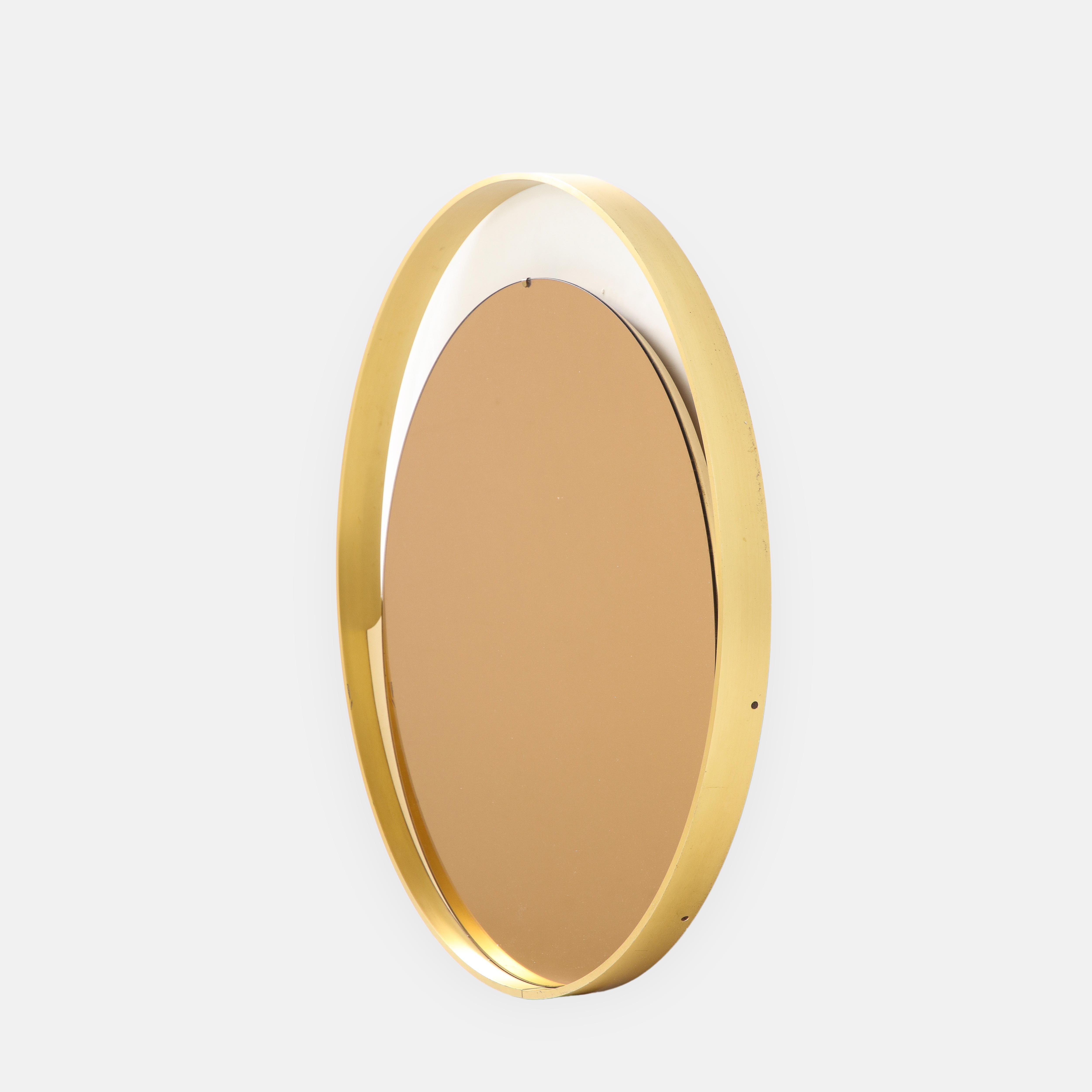 1970s Italian Modernist Brass and Rose Gold Round Mirror For Sale 1