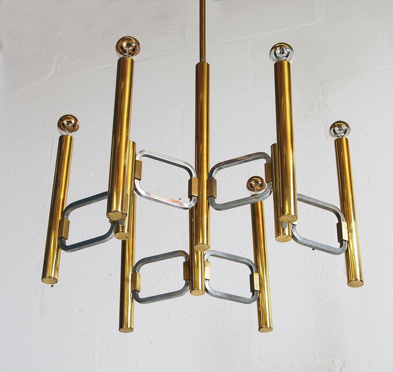 Mid-Century Modern 1960s Italian Modernist Brass Chrome Ceiling Lamp Profili Industria Lampadari  For Sale