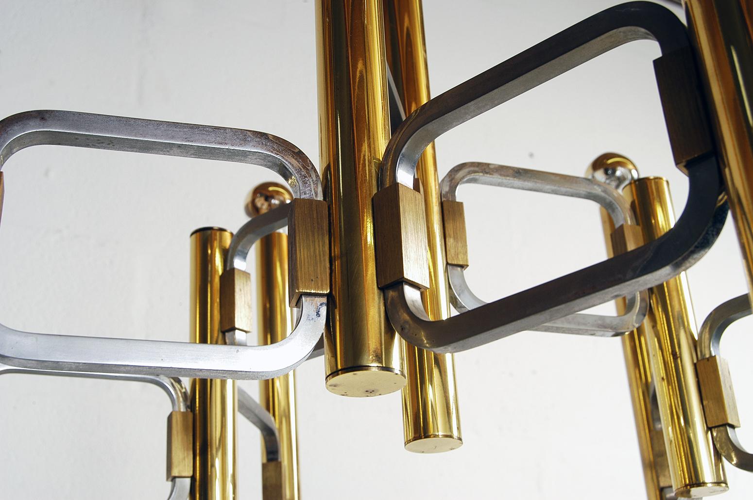 1960s Italian Modernist Brass Chrome Ceiling Lamp Profili Industria Lampadari  For Sale 3