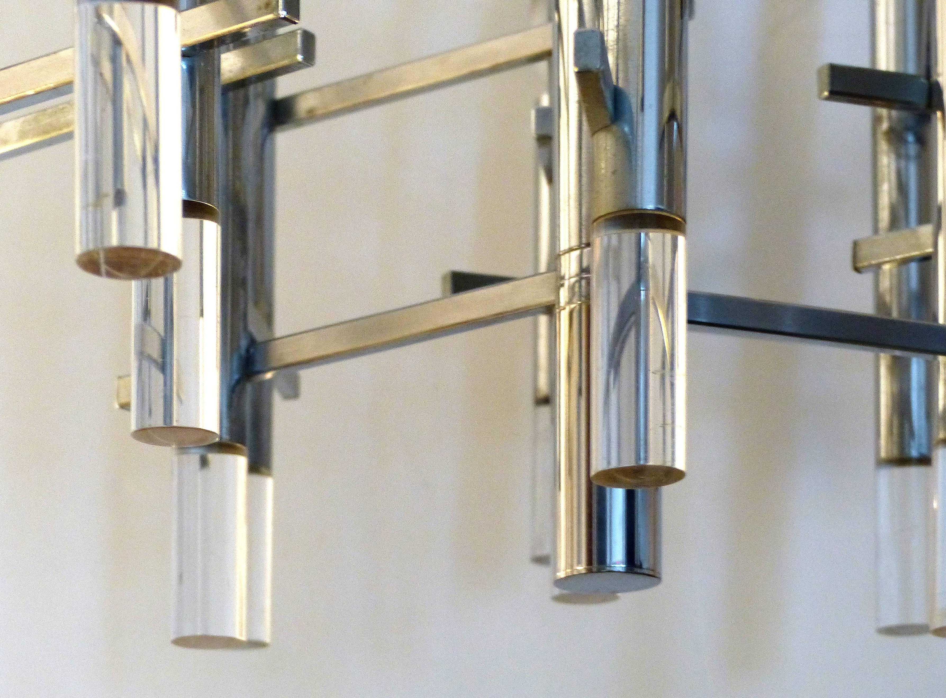 Stainless Steel Newly Rewied Gaetano Sciolari Italian Modernist Chrome & Lucite Chandelier For Sale