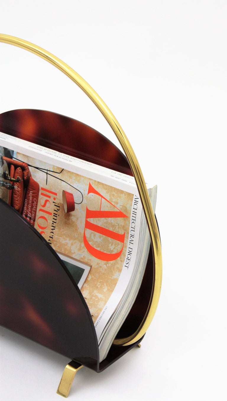 Italian Modernist Magazine Rack in Faux Tortoise Shell Lucite and Brass ...