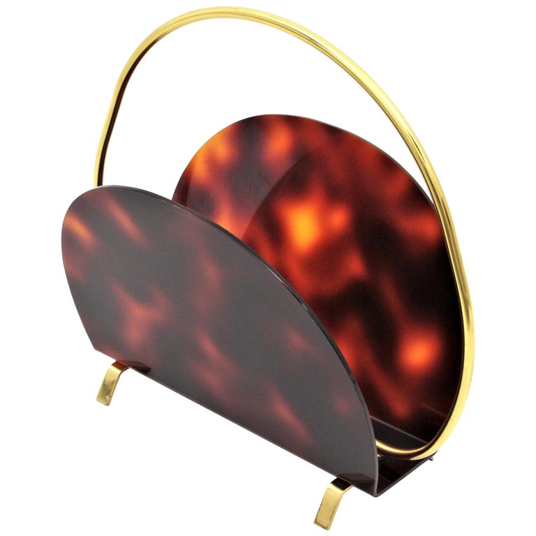 Italian Modernist Magazine Rack in Faux Tortoise Shell Lucite and Brass ...