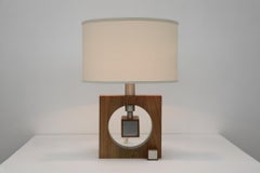 1970s Italian Modernist Geometric Oak and Brushed Steel Table Lamp