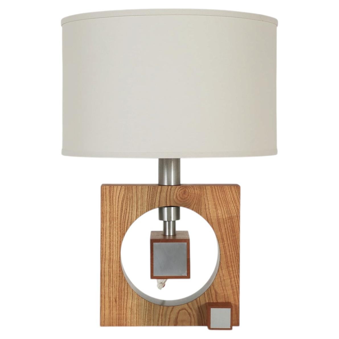 1970s Italian Modernist Geometric Oak and Brushed Steel Table Lamp For Sale