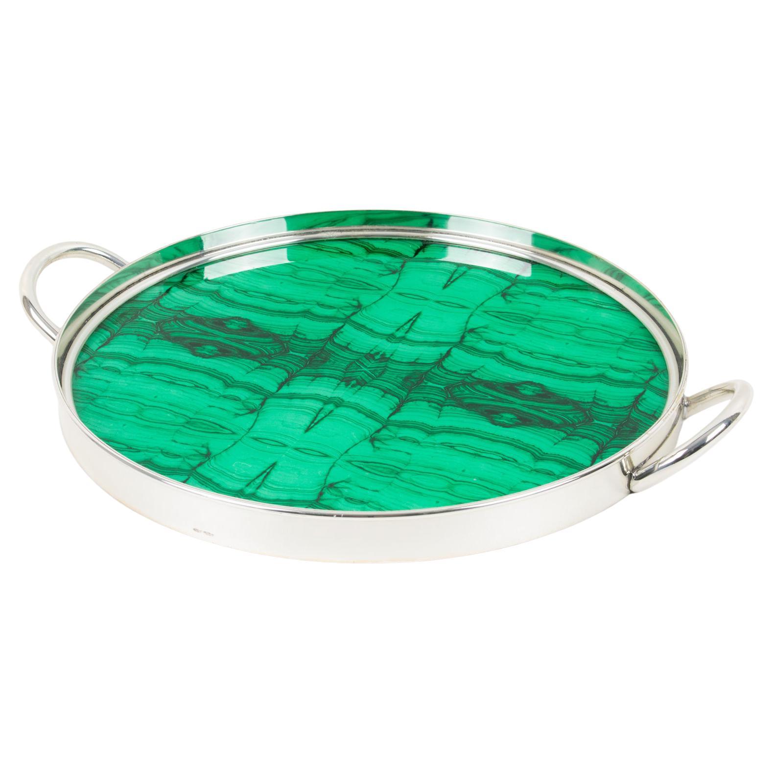 1970s Italian Modernist Silver Plate and Malachite-like Serving Tray