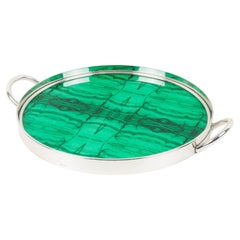 1970s Italian Modernist Silver Plate and Malachite-like Serving Tray