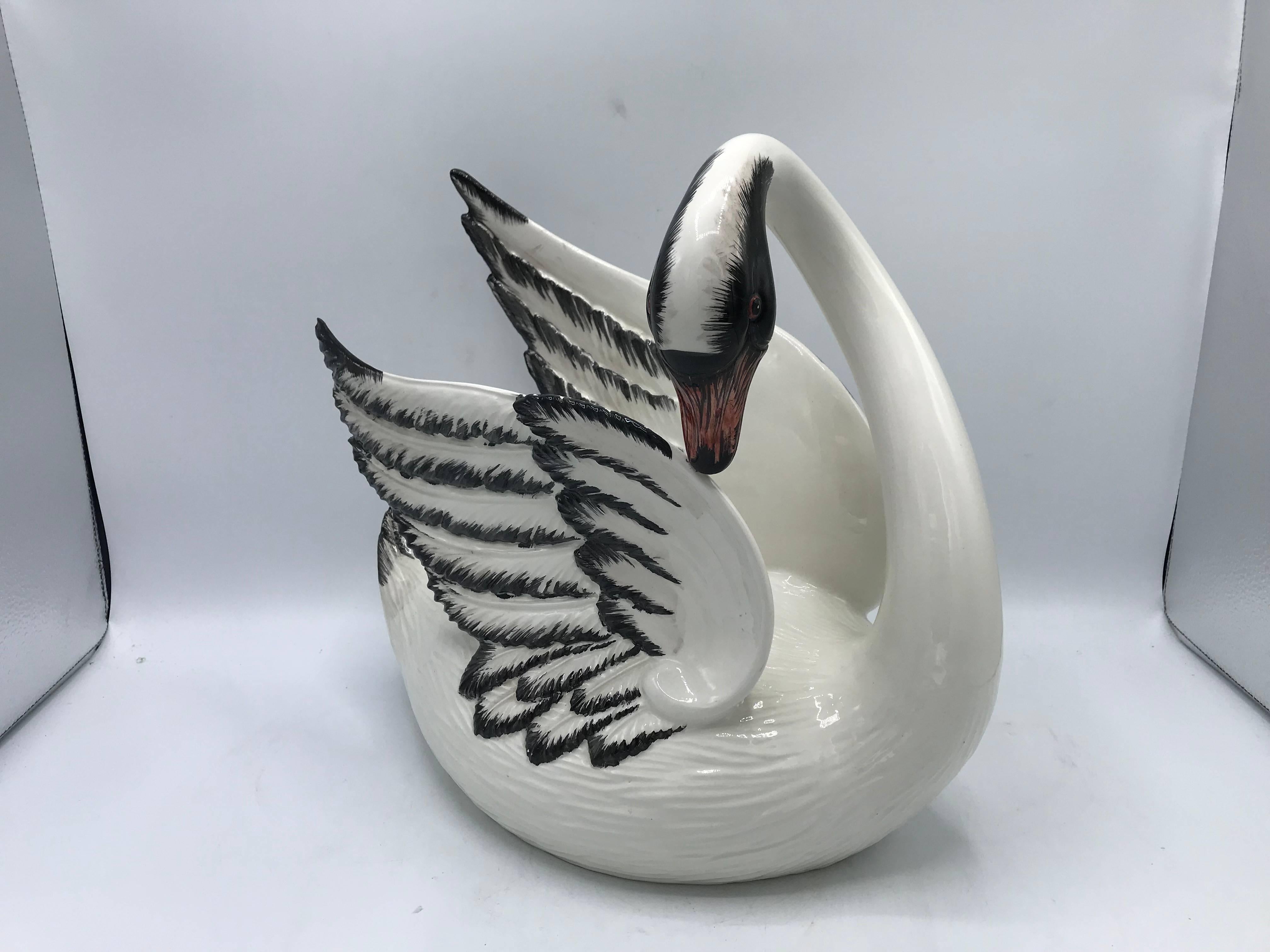 Offered is a gorgeous, Hollywood Regency, 1970s Italian Mottahedeh ceramic swan. This piece is truly a show-stopper! Exquisite condition. No cracks or chips. Marked 'Italy' on underside, includes original Mottahedeh sticker - See photos 9, 10,