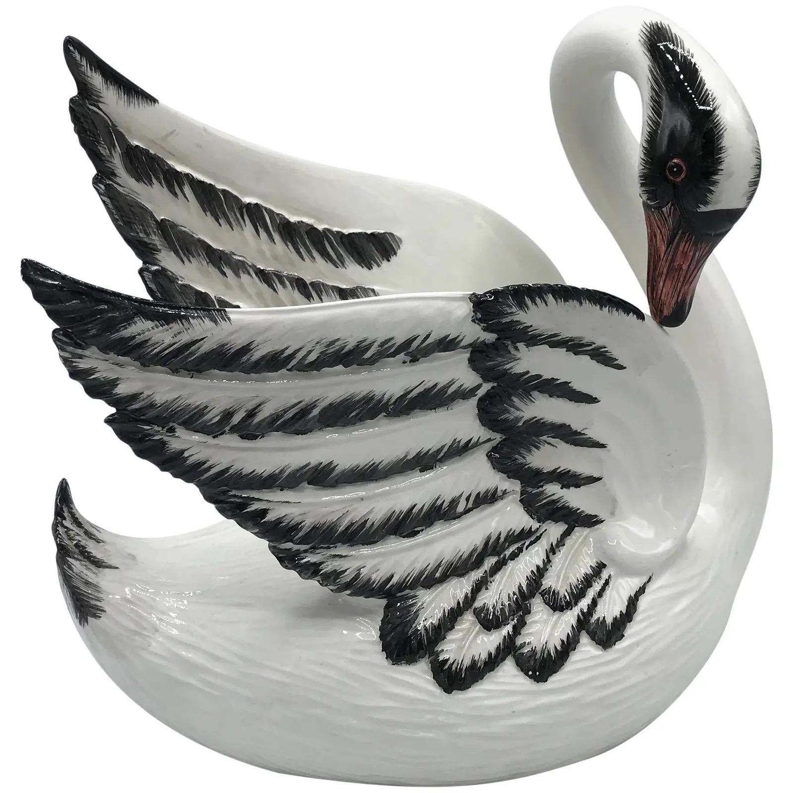 Offered is a gorgeous, Hollywood Regency, 1970s Italian Mottahedeh ceramic swan. This piece is truly a show-stopper! Marked 'Italy' on underside, includes original Mottahedeh sticker. 