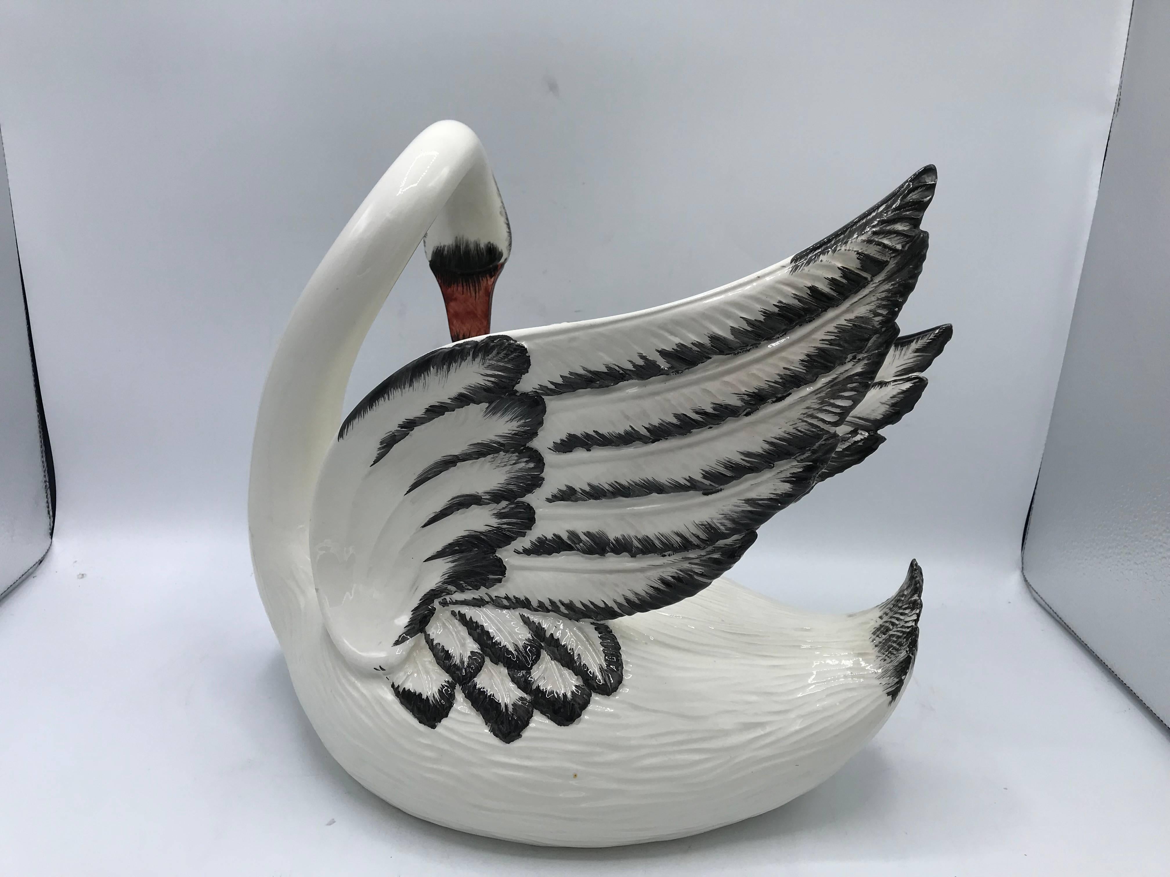 Hand-Painted 1970s Italian Mottahedeh Ceramic Swan Sculpture For Sale