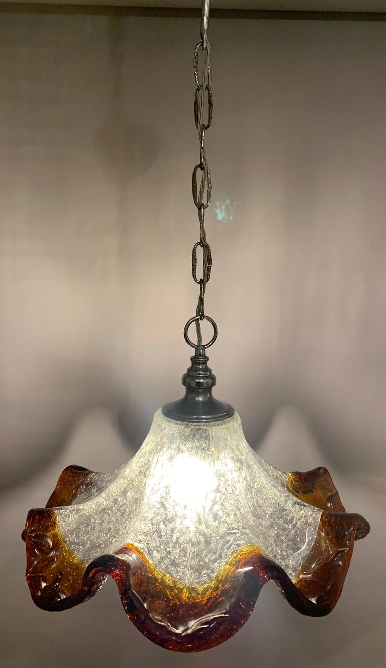 Mid-Century Modern 1970s Italian Murano Hand Blown Glass Mazzega Style Pendant Hanging Light For Sale