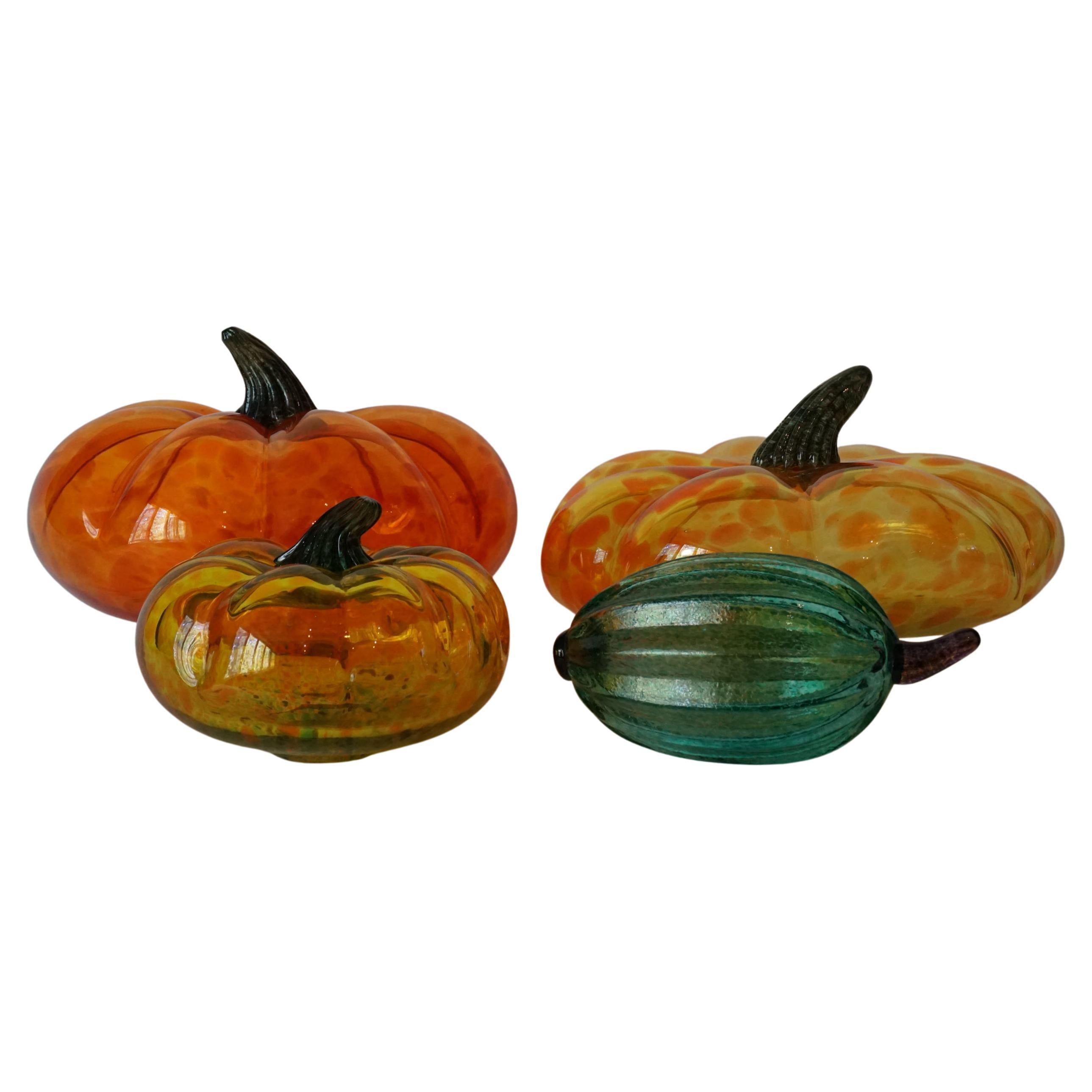 1970s Italian Murano Life-size Mouth Blown Orange Yellow Green Glass Pumpkins