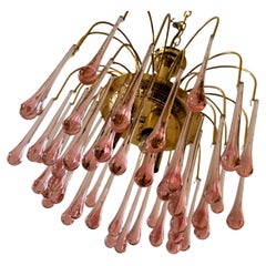 Araña de lágrimas de cristal rosa de Murano italiano de los años 70 con marco de latón