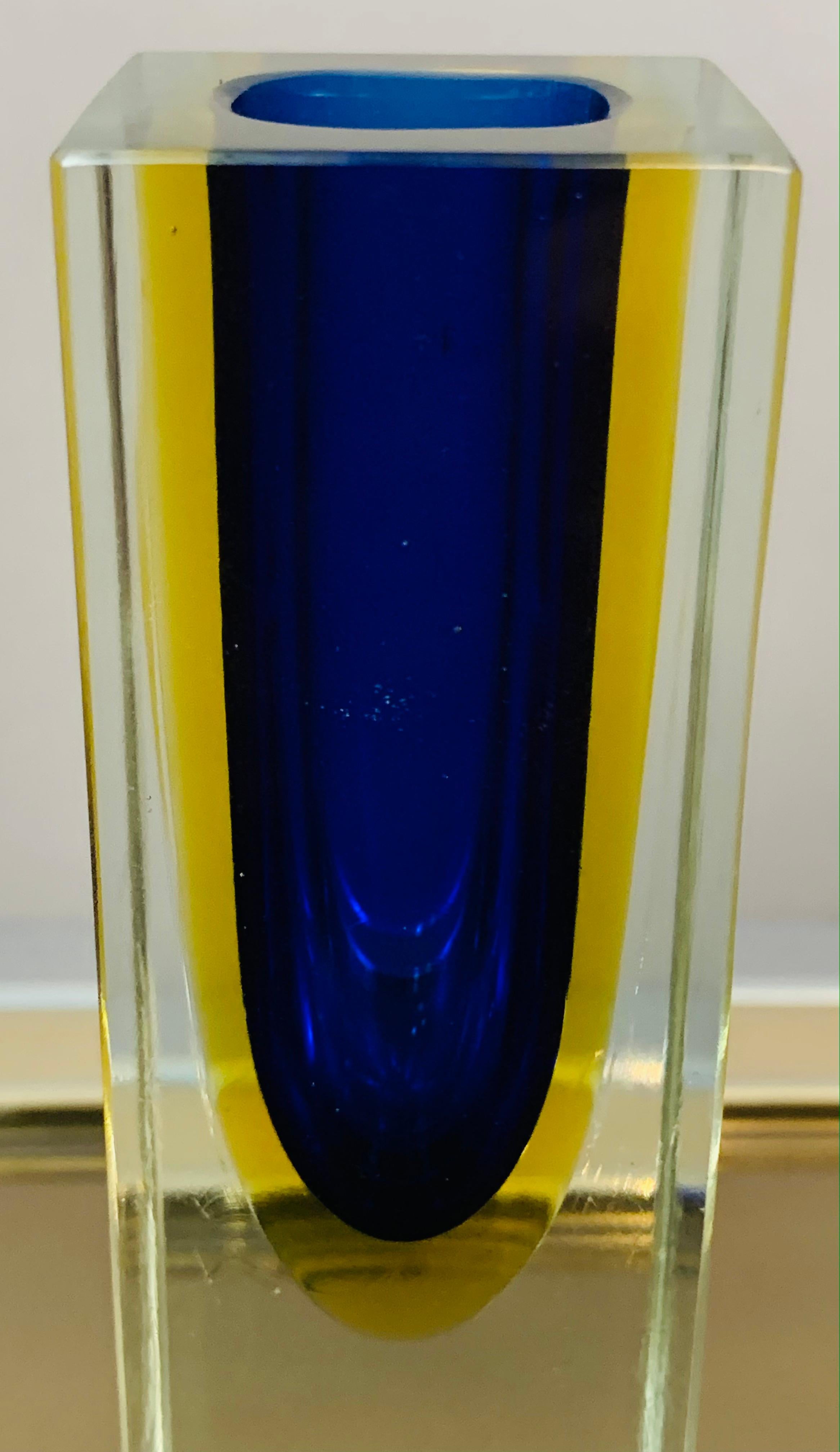 1970s Italian Murano Sommerso Blue Yellow & Clear Glass Hand Blown Vase 4