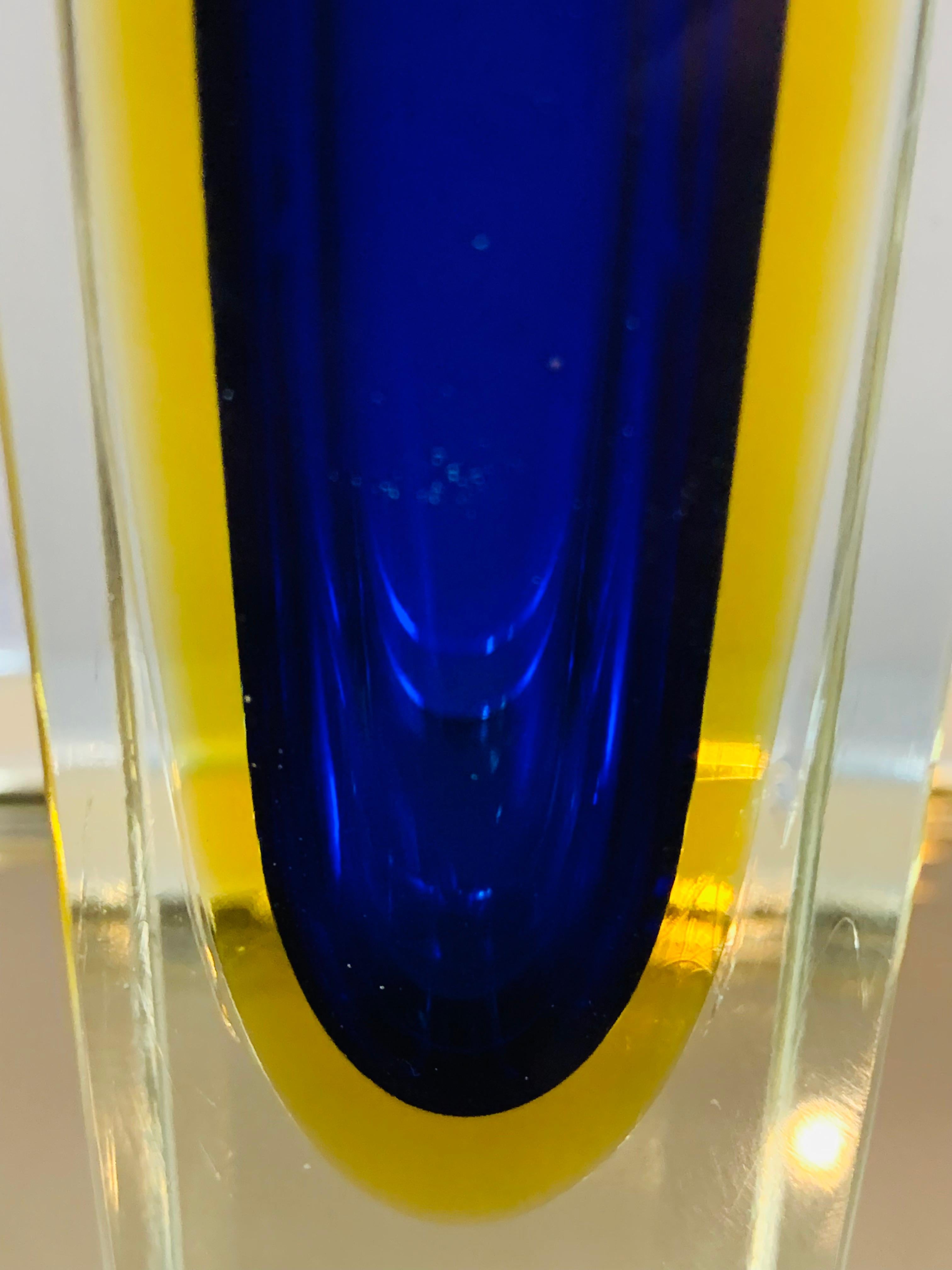 1970s Italian Murano Sommerso Blue Yellow & Clear Glass Hand Blown Vase 5