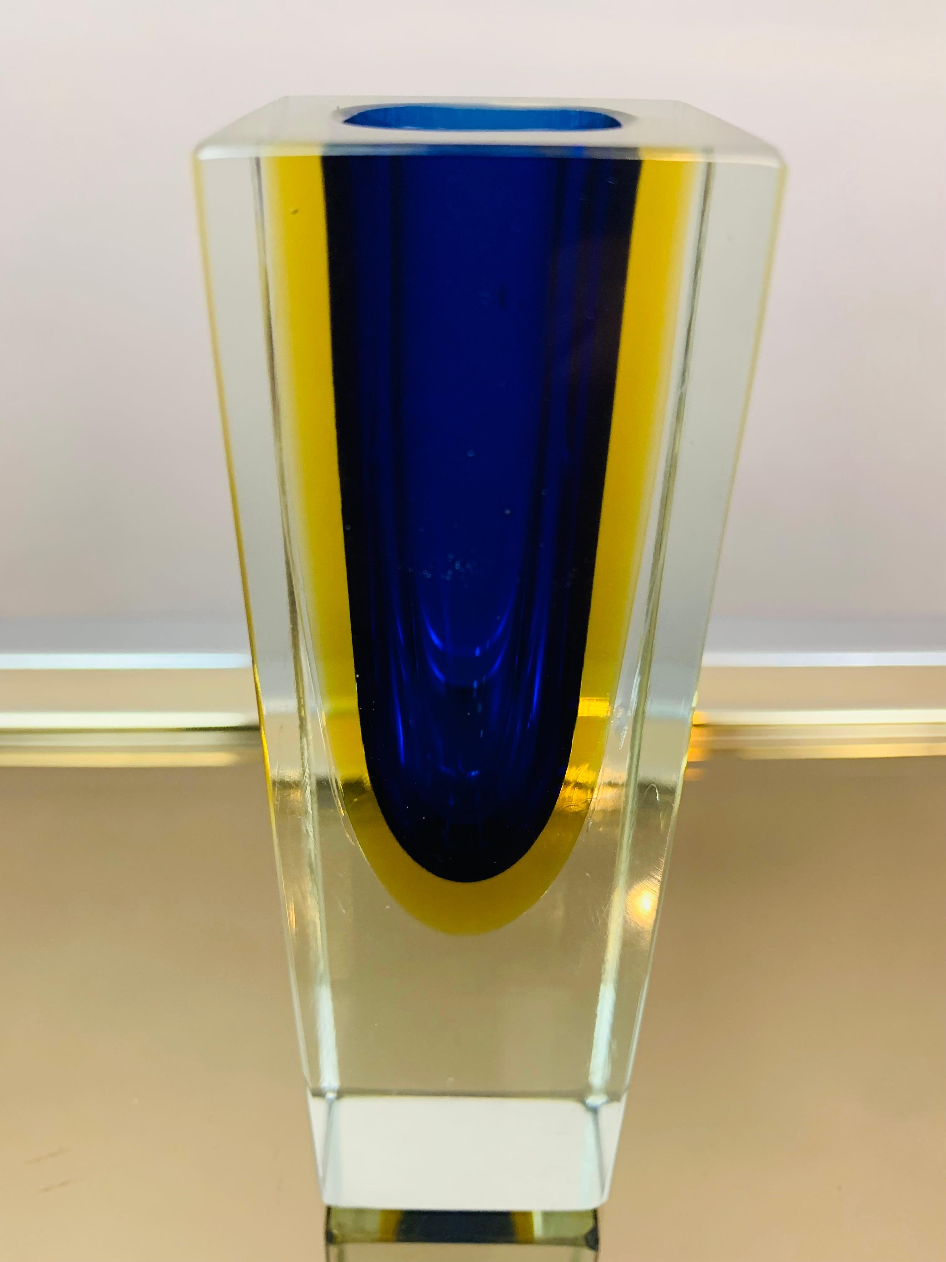 1970s Italian Murano Sommerso Blue Yellow & Clear Glass Hand Blown Vase 6