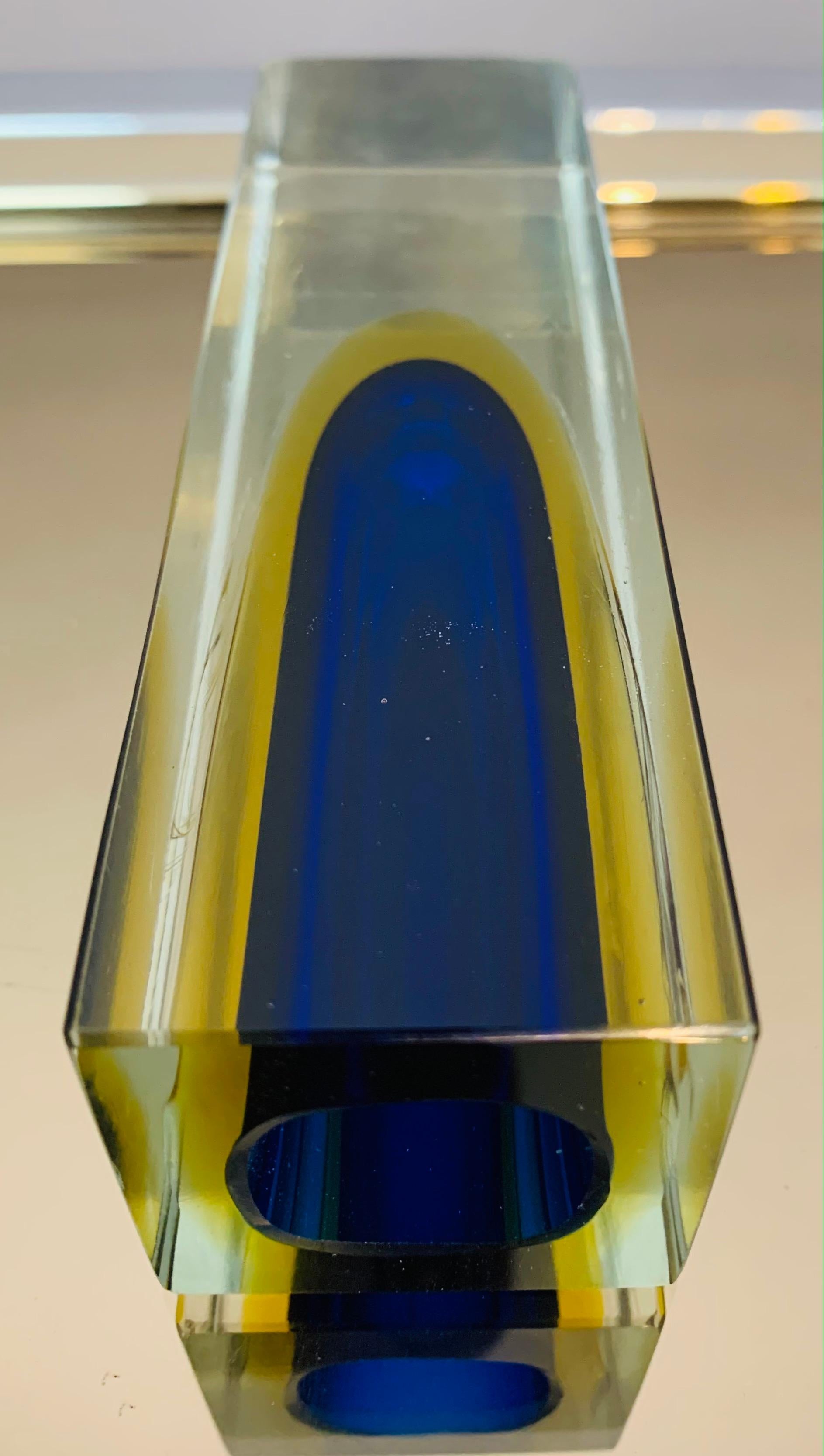 1970s Italian Murano Sommerso Blue Yellow & Clear Glass Hand Blown Vase 7