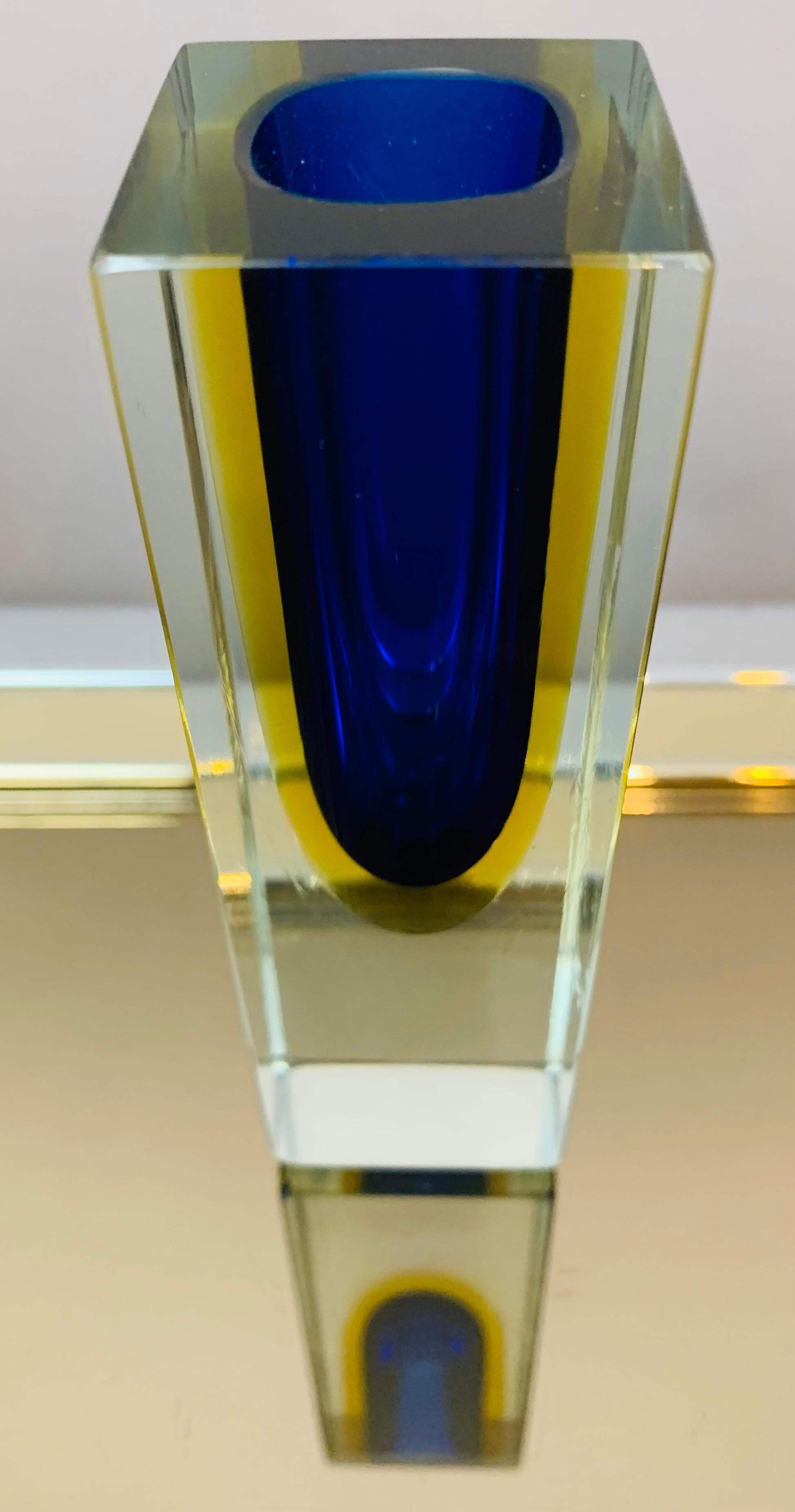 Mid-Century Modern 1970s Italian Murano Sommerso Blue Yellow & Clear Glass Hand Blown Vase
