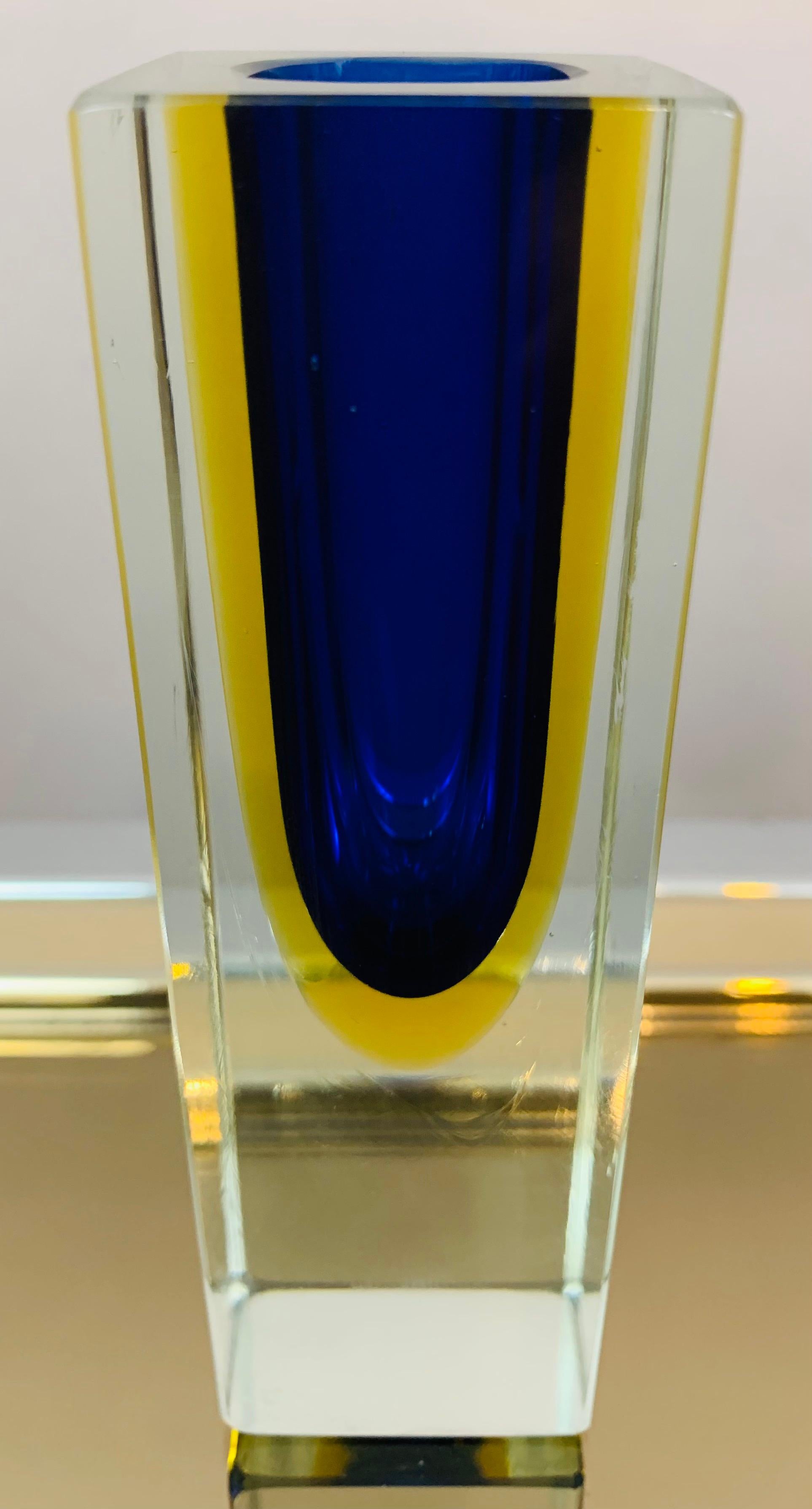 1970s Italian Murano Sommerso Blue Yellow & Clear Glass Hand Blown Vase In Good Condition In London, GB