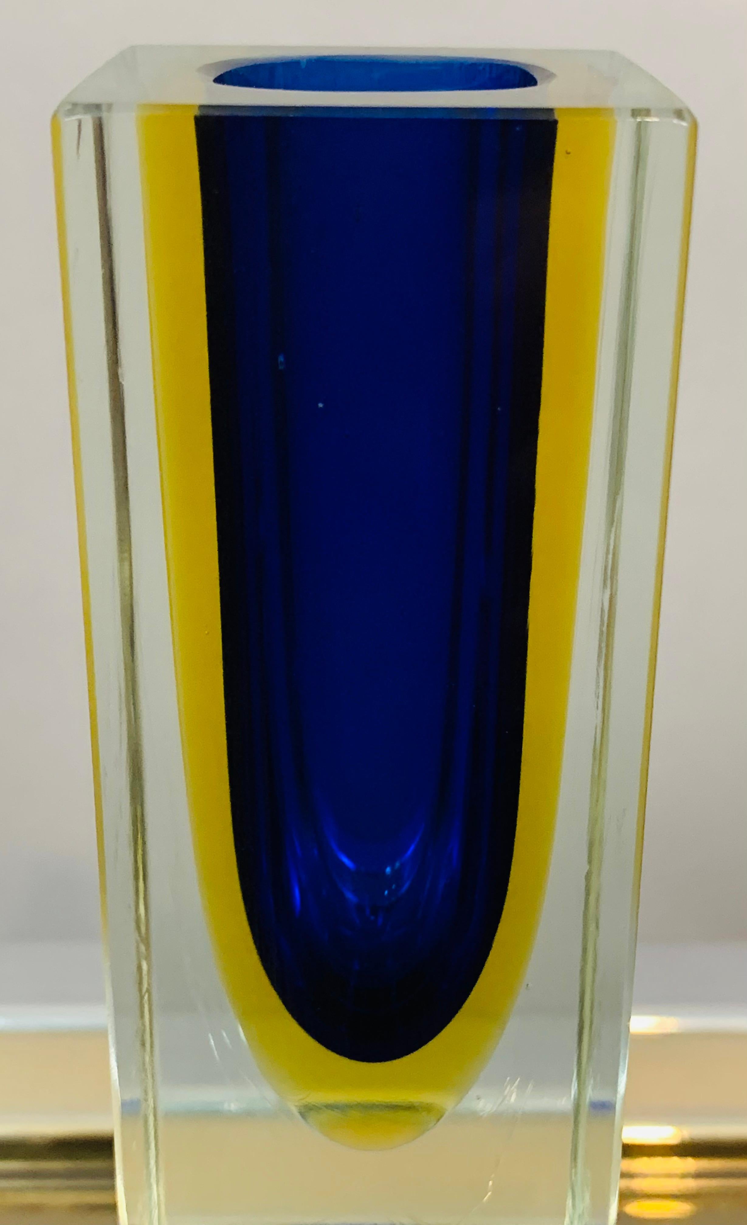 20th Century 1970s Italian Murano Sommerso Blue Yellow & Clear Glass Hand Blown Vase