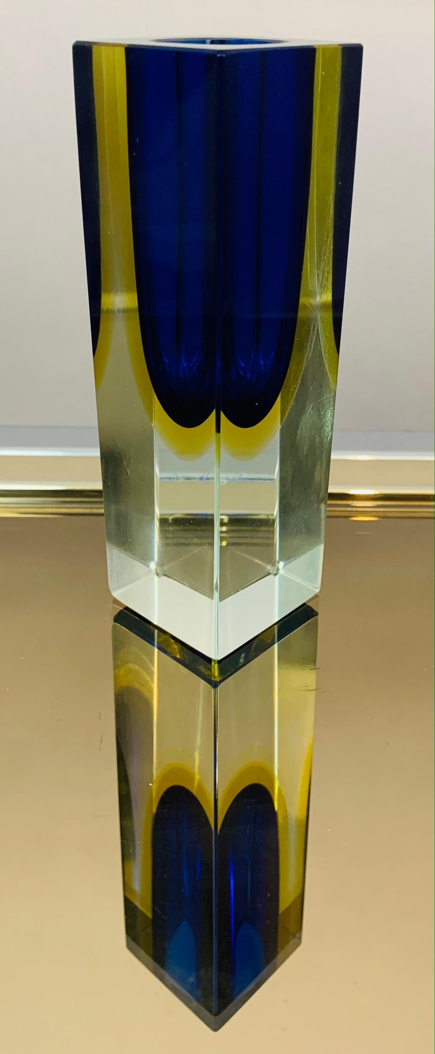 Blown Glass 1970s Italian Murano Sommerso Blue Yellow & Clear Glass Hand Blown Vase