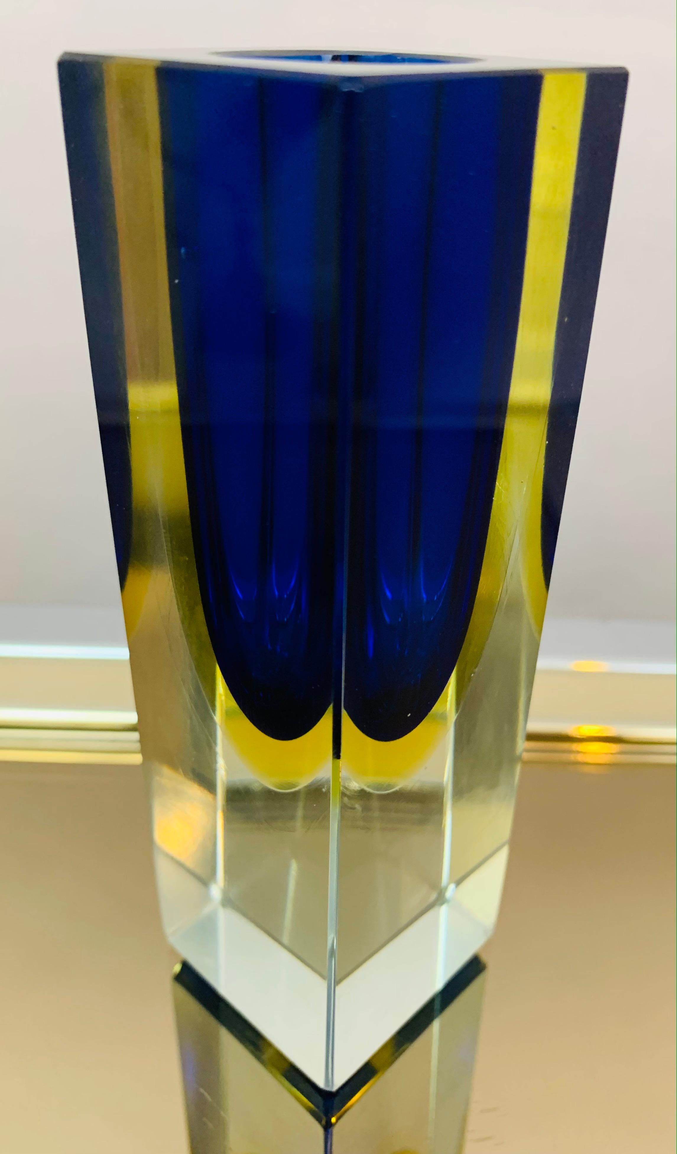 1970s Italian Murano Sommerso Blue Yellow & Clear Glass Hand Blown Vase 1