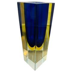 1970s Italian Murano Sommerso Blue Yellow & Clear Glass Hand Blown Vase