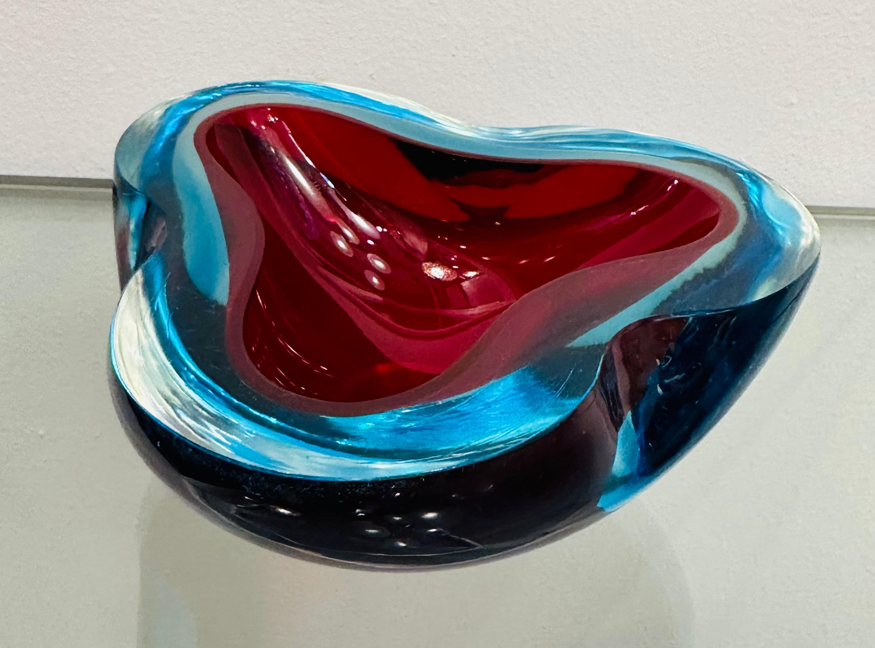 1970er Jahre Italienisch Murano Sommerso Rot Türkis & Klar Kunstglas Schüssel Schale Aschenbecher 5