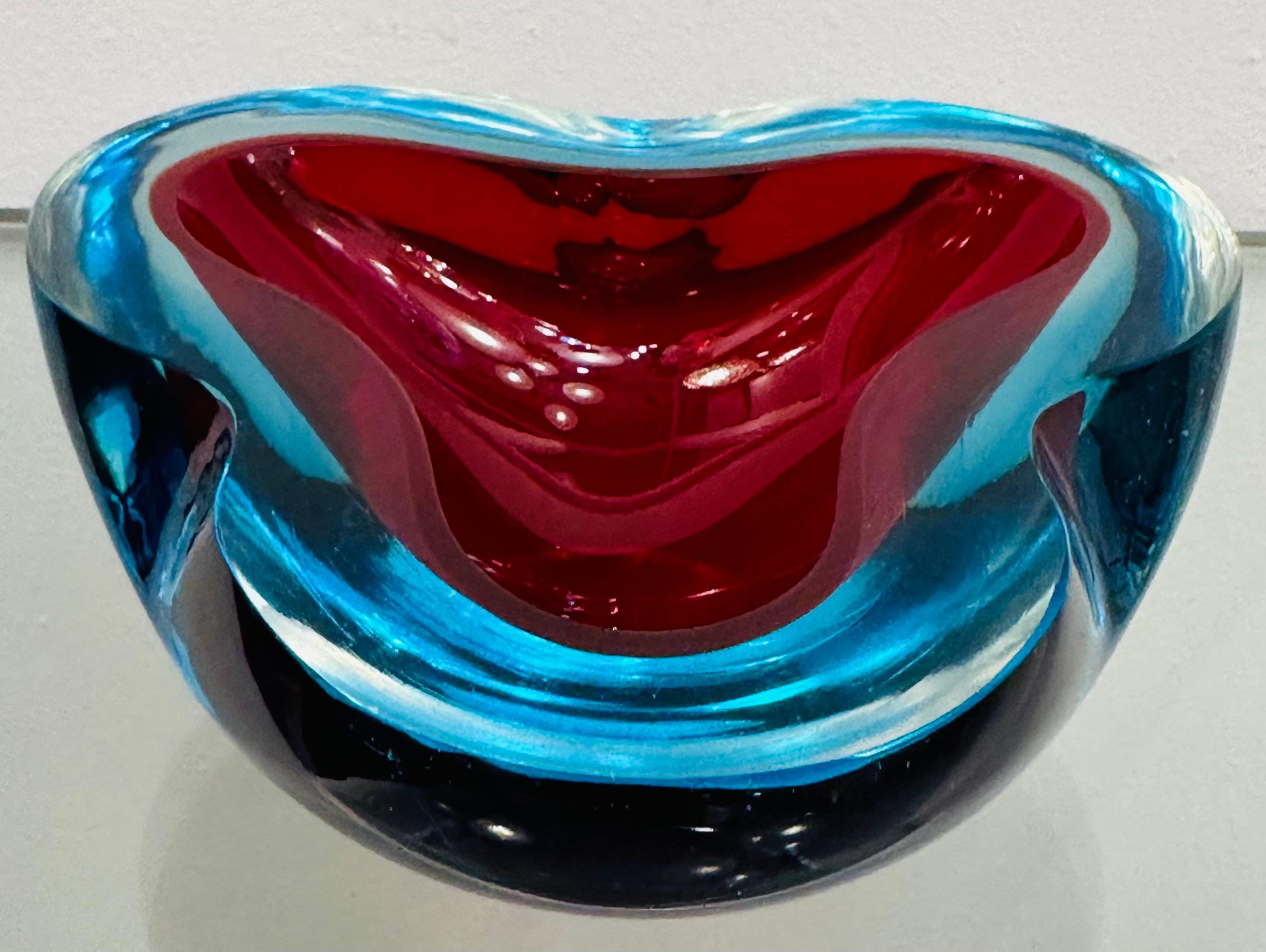 1970er Jahre Italienisch Murano Sommerso Rot Türkis & Klar Kunstglas Schüssel Schale Aschenbecher 8