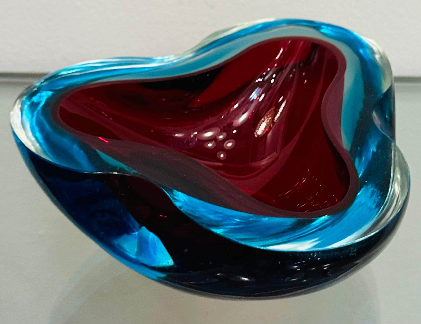 1970er Jahre Italienisch Murano Sommerso Rot Türkis & Klar Kunstglas Schüssel Schale Aschenbecher 1