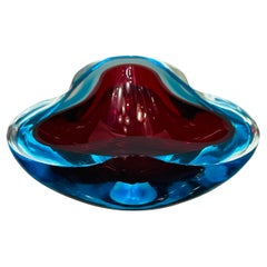 1970 Murano Sommerso Rouge Turquoise & Clair Art Glass Bowl Dish Ashtray