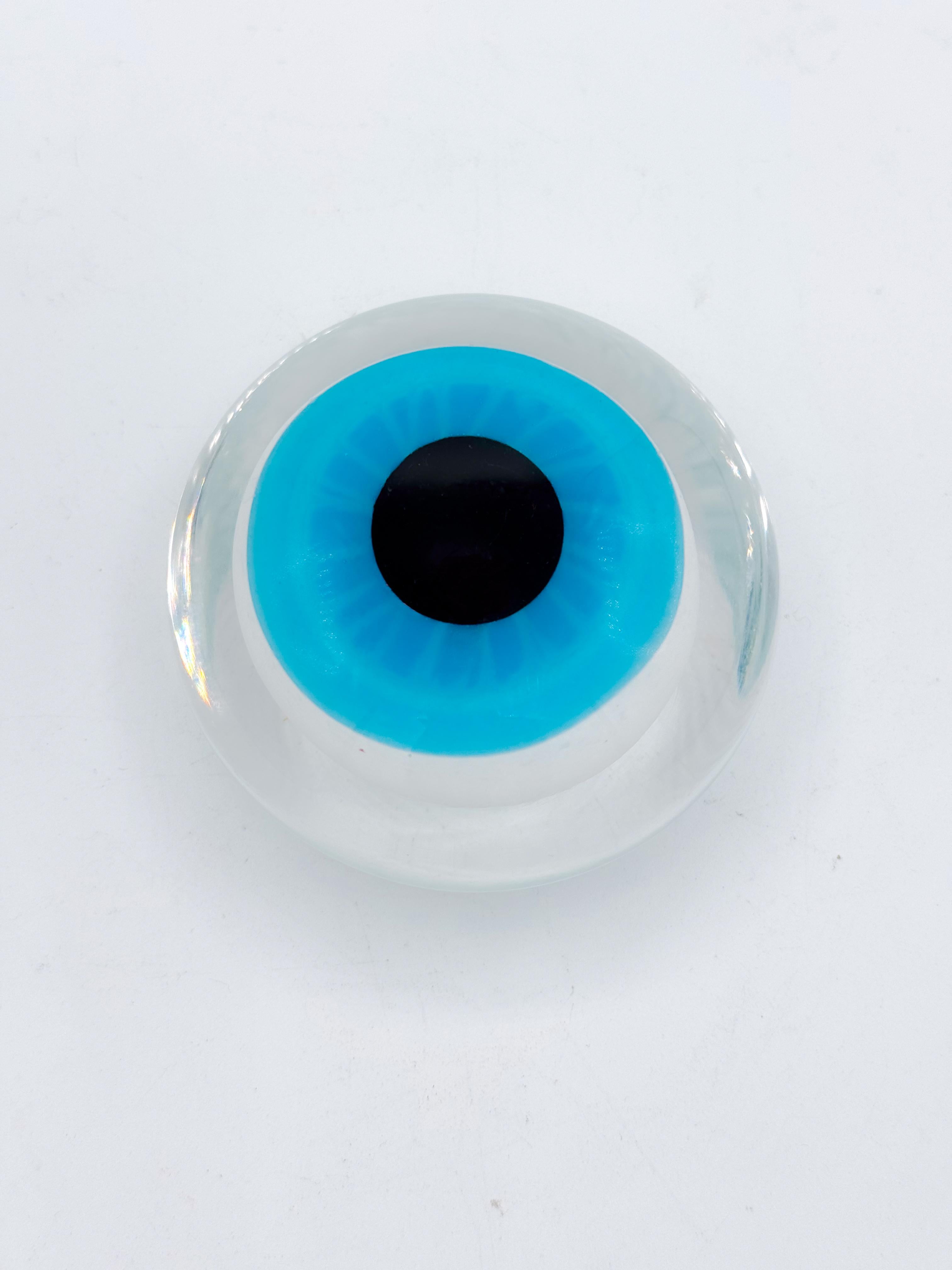 Mid-Century Modern 1970s Italian Murano-Style Hand-Blown Glass Eye Paperweight in Turquoise Clear