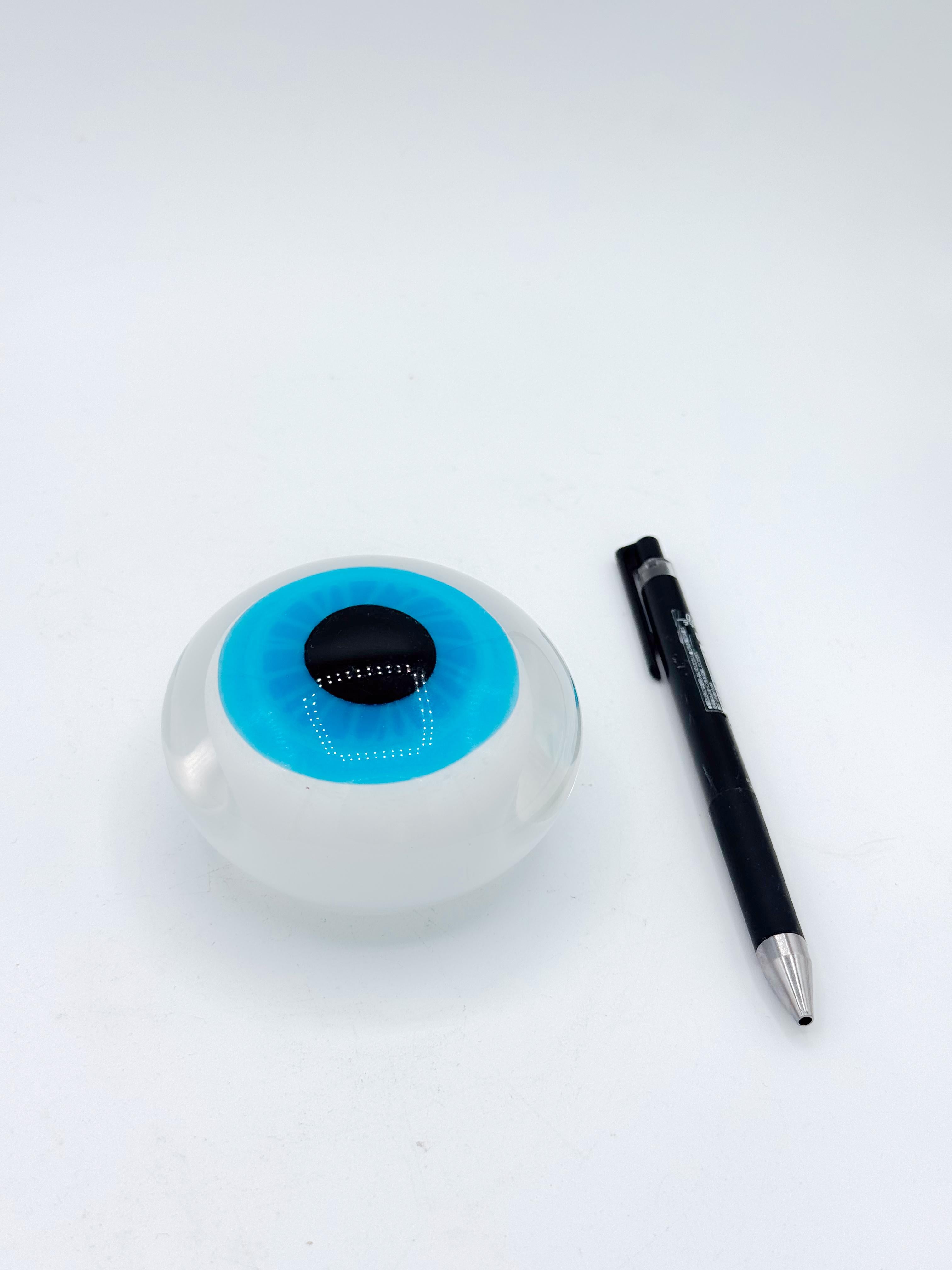 Hand-Crafted 1970s Italian Murano-Style Hand-Blown Glass Eye Paperweight in Turquoise Clear