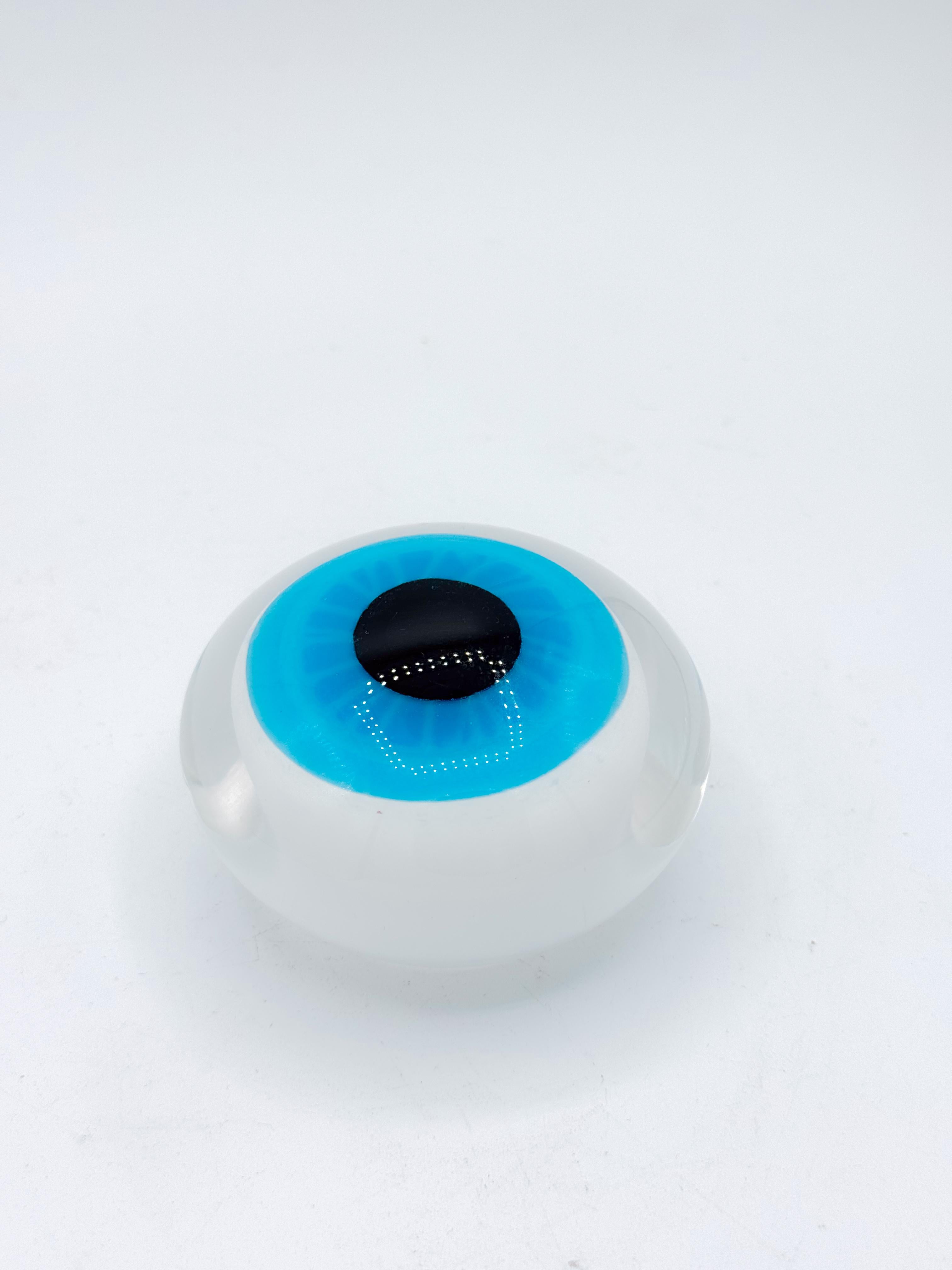 20th Century 1970s Italian Murano-Style Hand-Blown Glass Eye Paperweight in Turquoise Clear