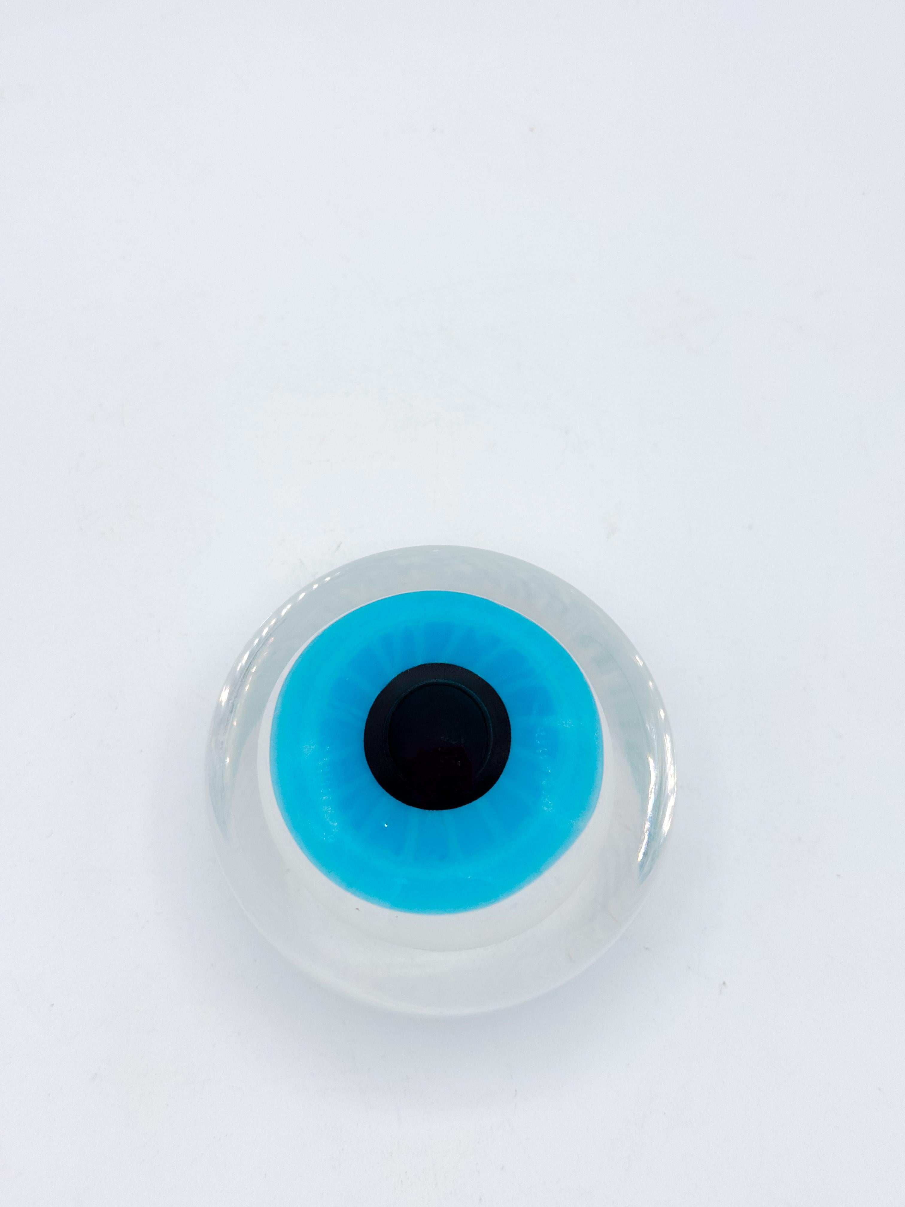 Art Glass 1970s Italian Murano-Style Hand-Blown Glass Eye Paperweight in Turquoise Clear