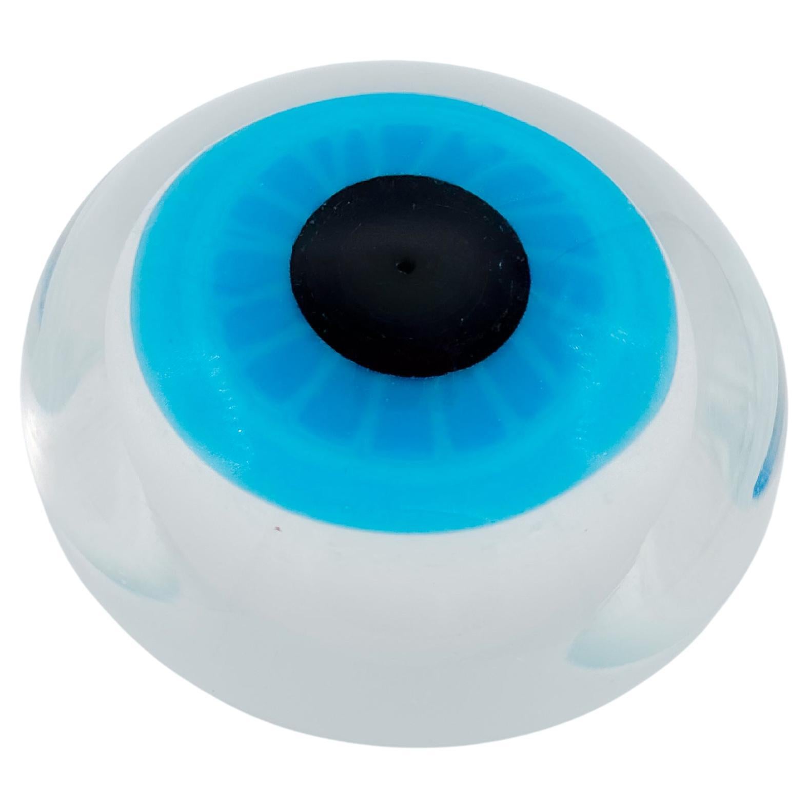 1970s Italian Murano-Style Hand-Blown Glass Eye Paperweight in Turquoise Clear