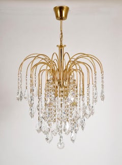 1970s Italian Murano Waterfall Gilt Brass Crystal Chandelier Pendant Hall Light