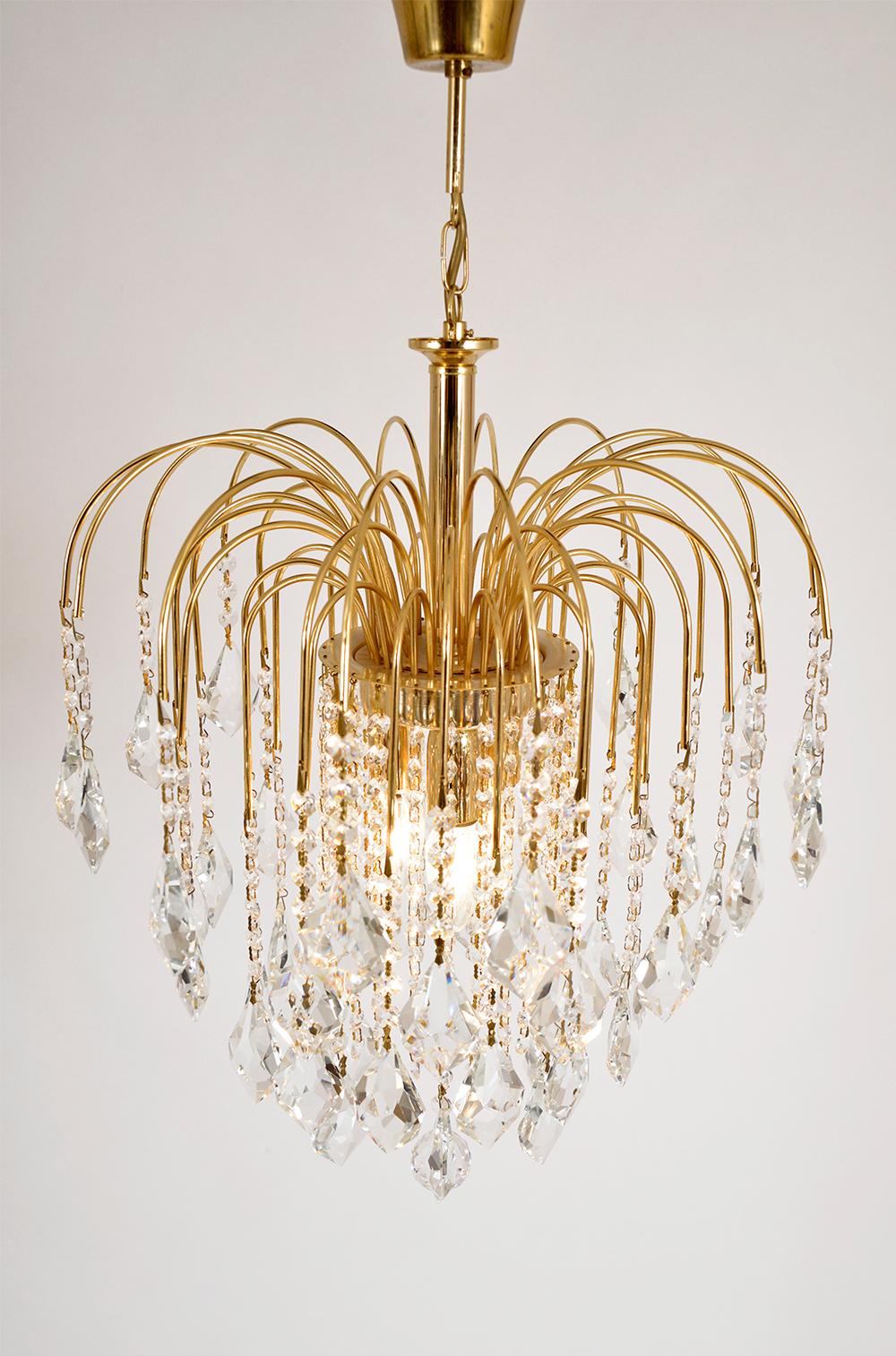 Mid-20th Century 1970s Italian Murano Waterfall Gilt Brass Crystal Chandelier Pendant Hall Light