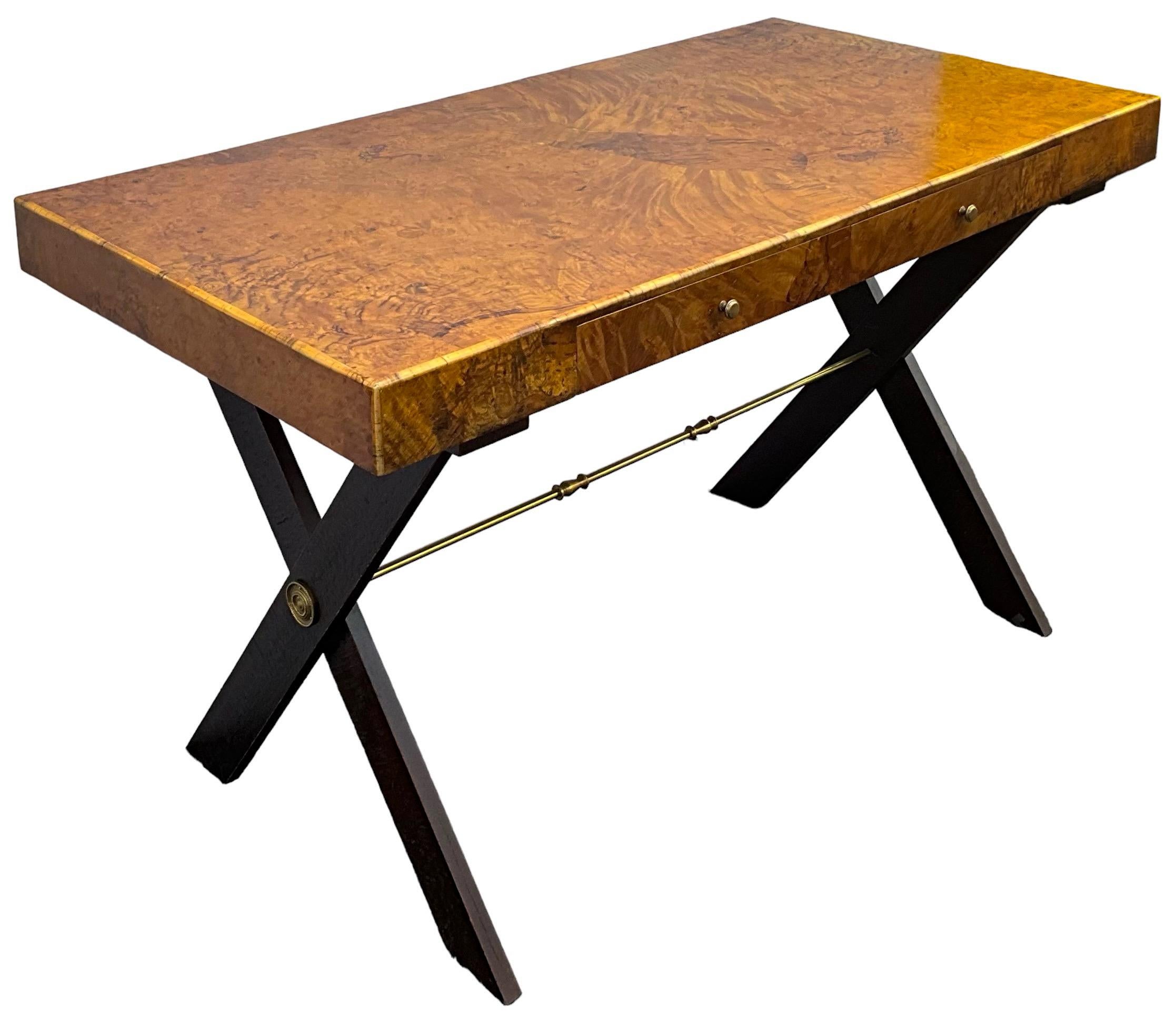 Brass 1970s Italian Neo-Classical Style Patchwork Burl Writing Desk For Sale