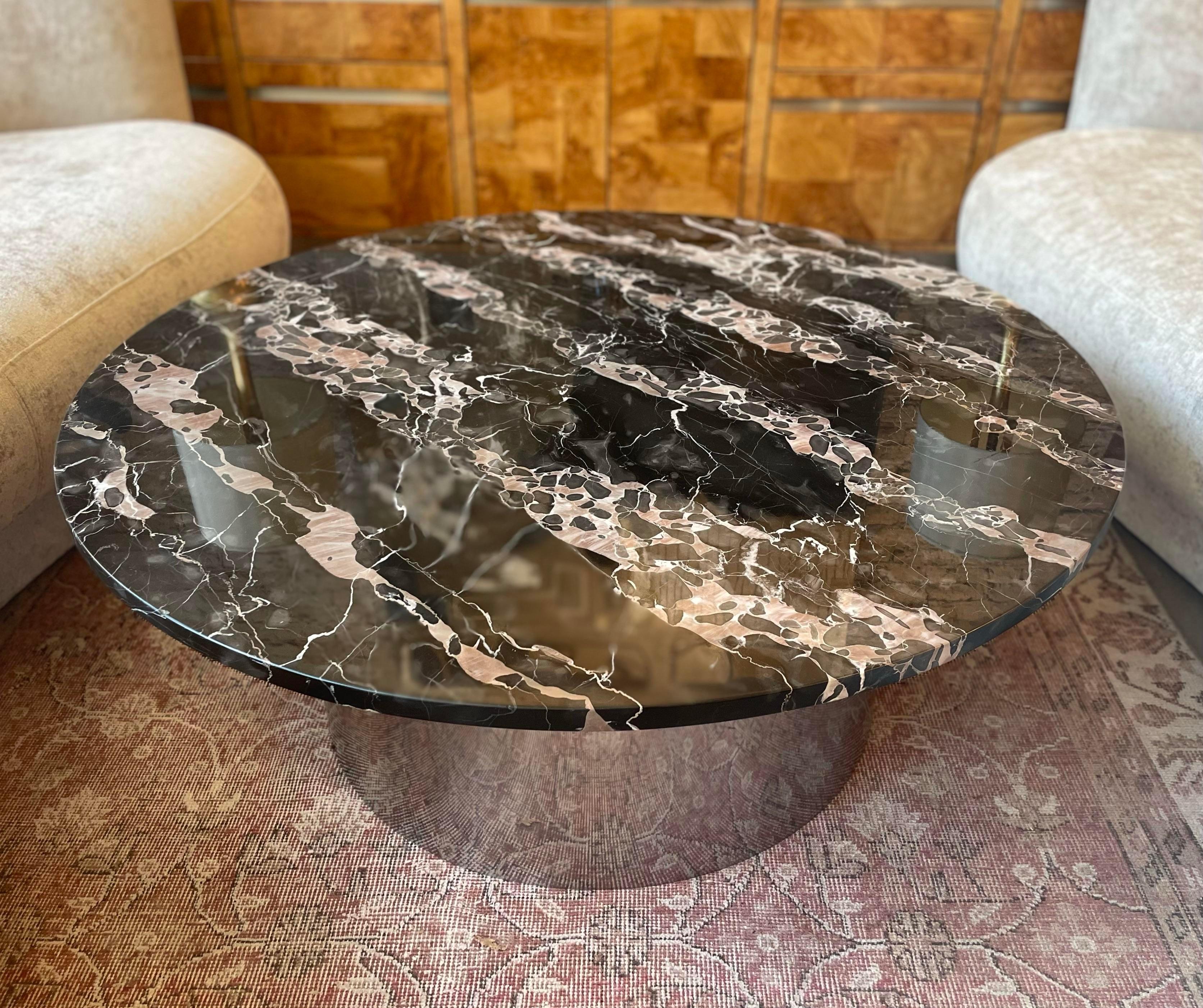 British 1970s Italian Nero Portoro Round Marble Coffee Table Vintage