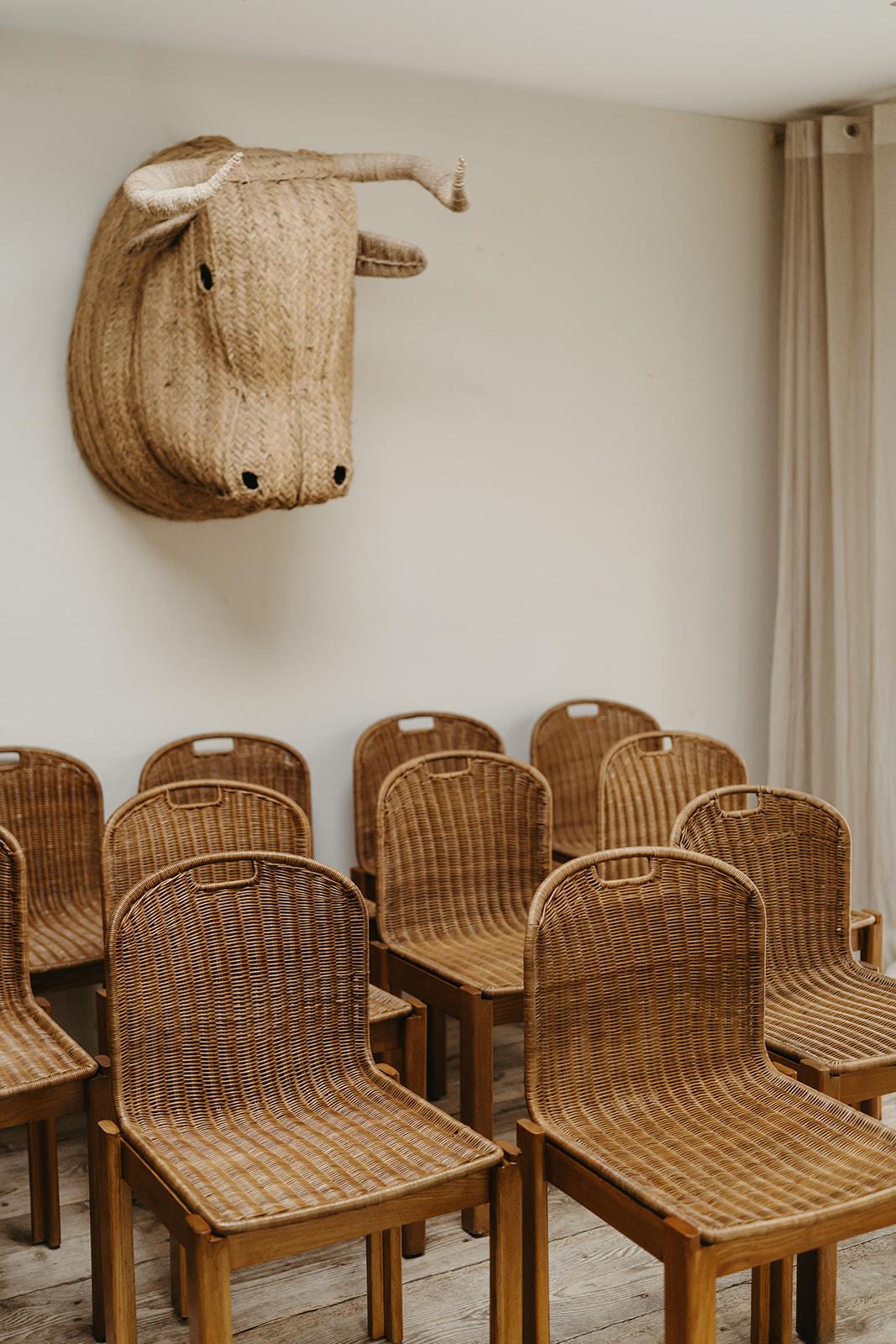 1970's Italian oak and rattan dining chairs ...  For Sale 5