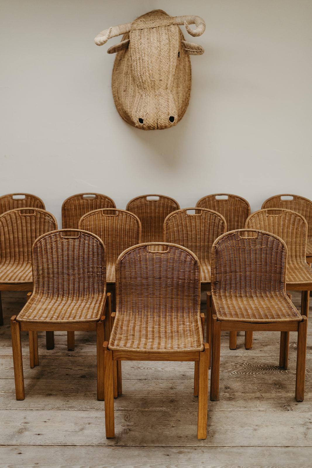 1970's Italian oak and rattan dining chairs ...  For Sale 7