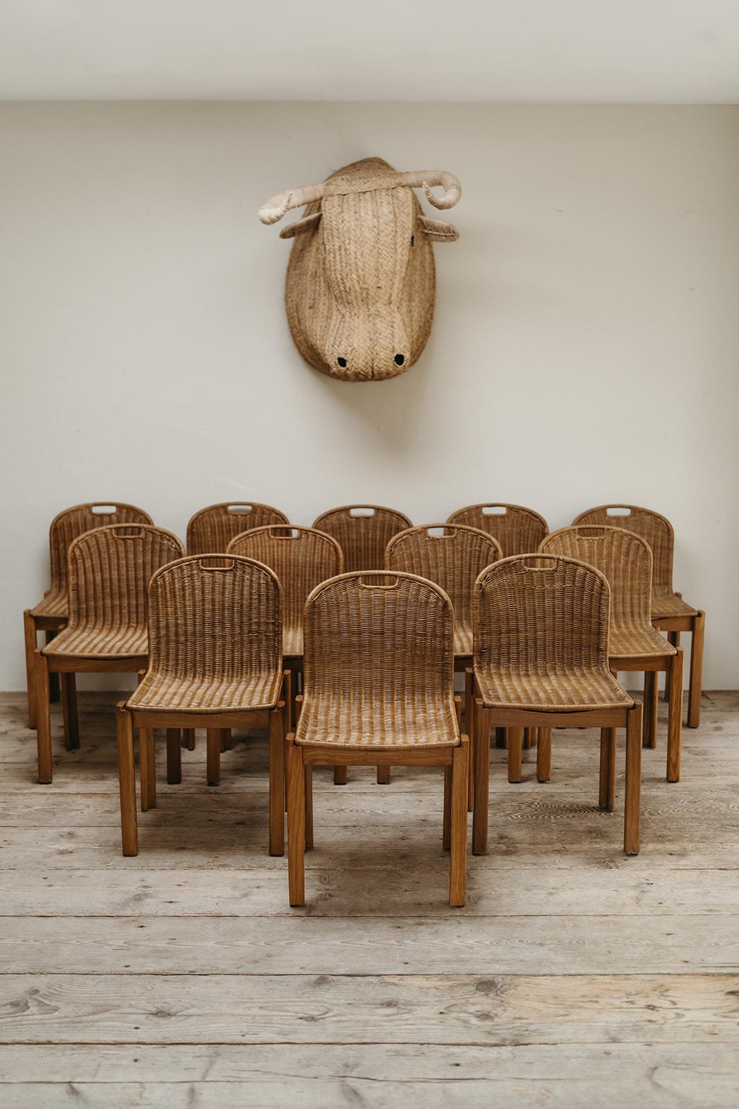 1970's Italian oak and rattan dining chairs ...  For Sale 8