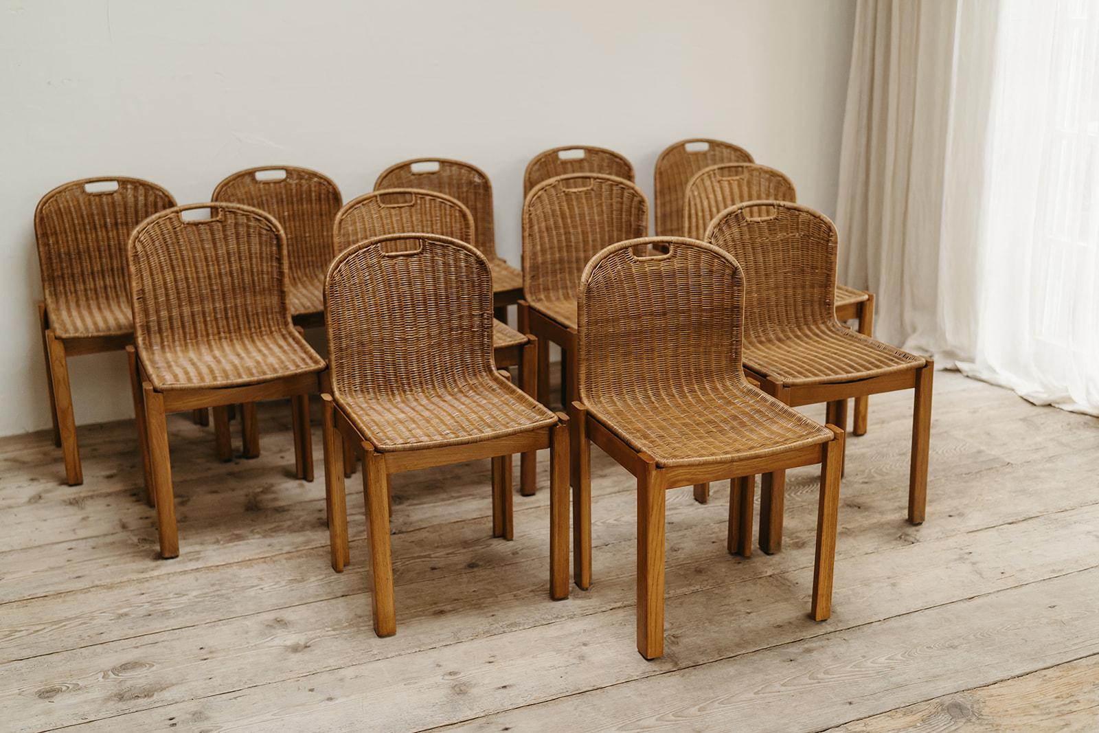 20th Century 1970's Italian oak and rattan dining chairs ...  For Sale
