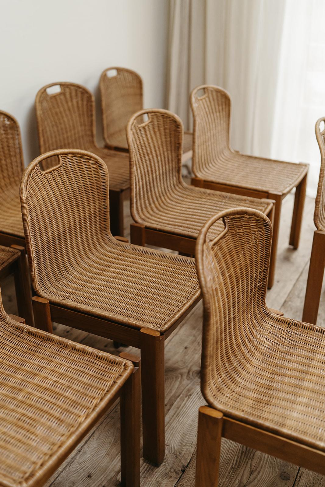 1970's Italian oak and rattan dining chairs ...  For Sale 3