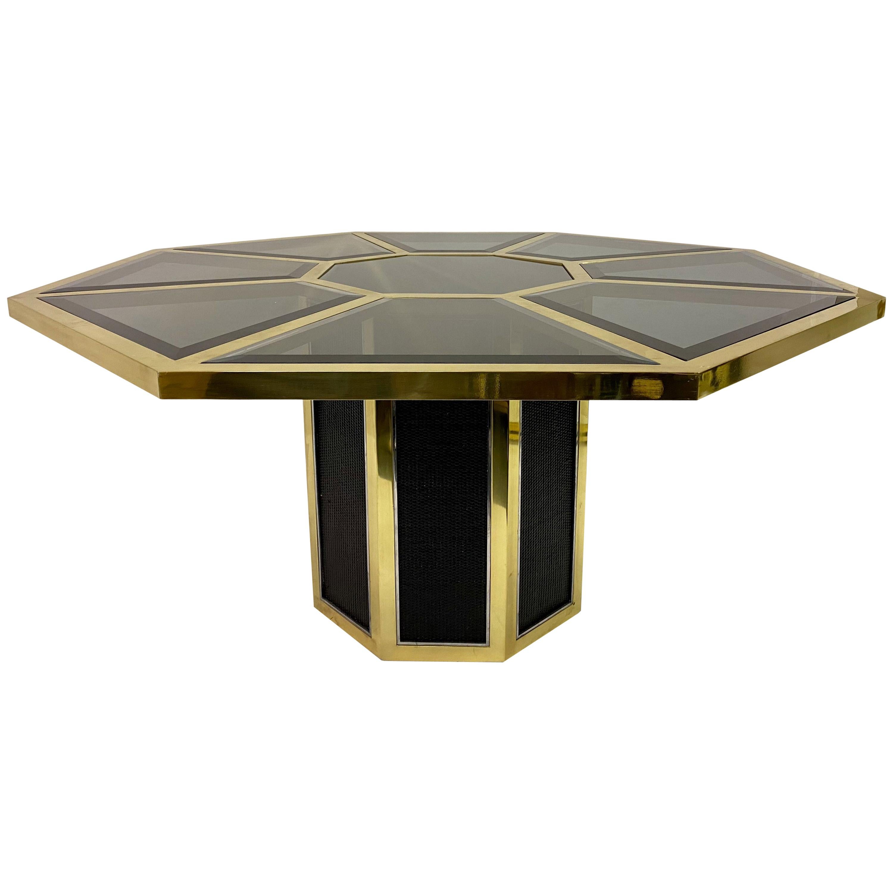 1970s Italian Octagonal Brass and Black Rattan Dining Table by Romeo Rega