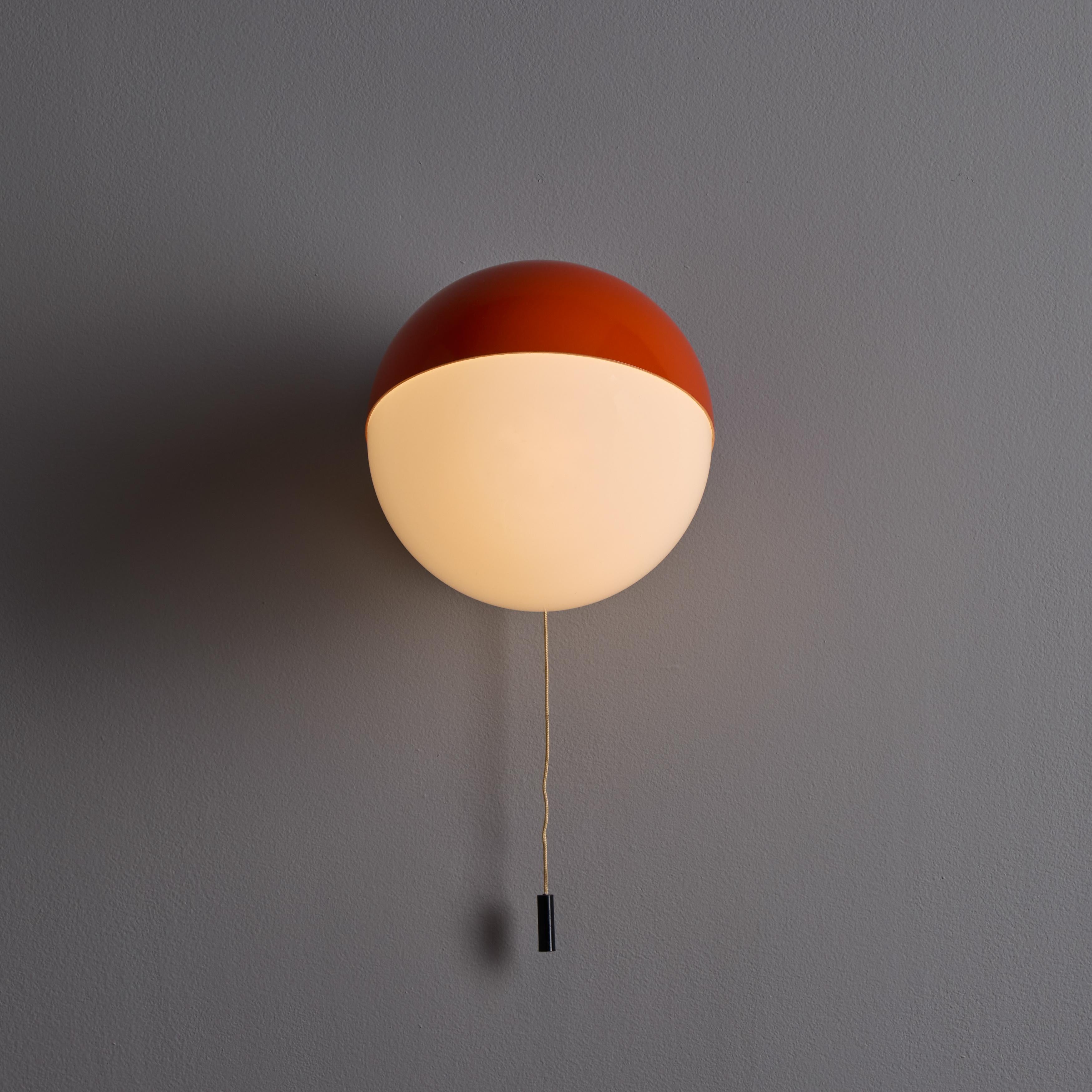 Scandinavian 1970s Italian Orange Metal & Opaline Glass Wall Lamp Attributed to Guzzini For Sale